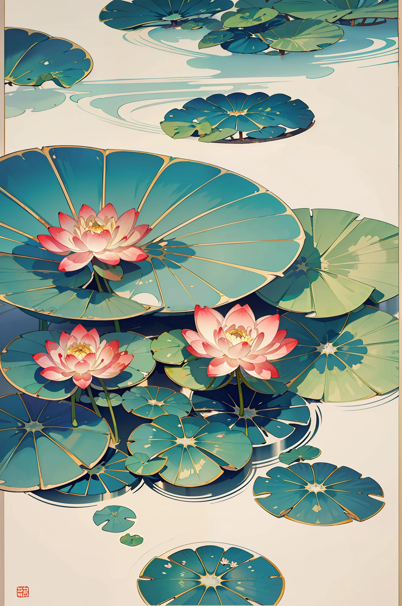 Big lotus leaves, lotus flowers, ink painting style, clean colors, ink style, smudging, decisive cutting, white space, freehand, masterpiece, super detailed, epic composition, high quality, highest quality, lotus fairy, ancient style, Dunhuang flying sky