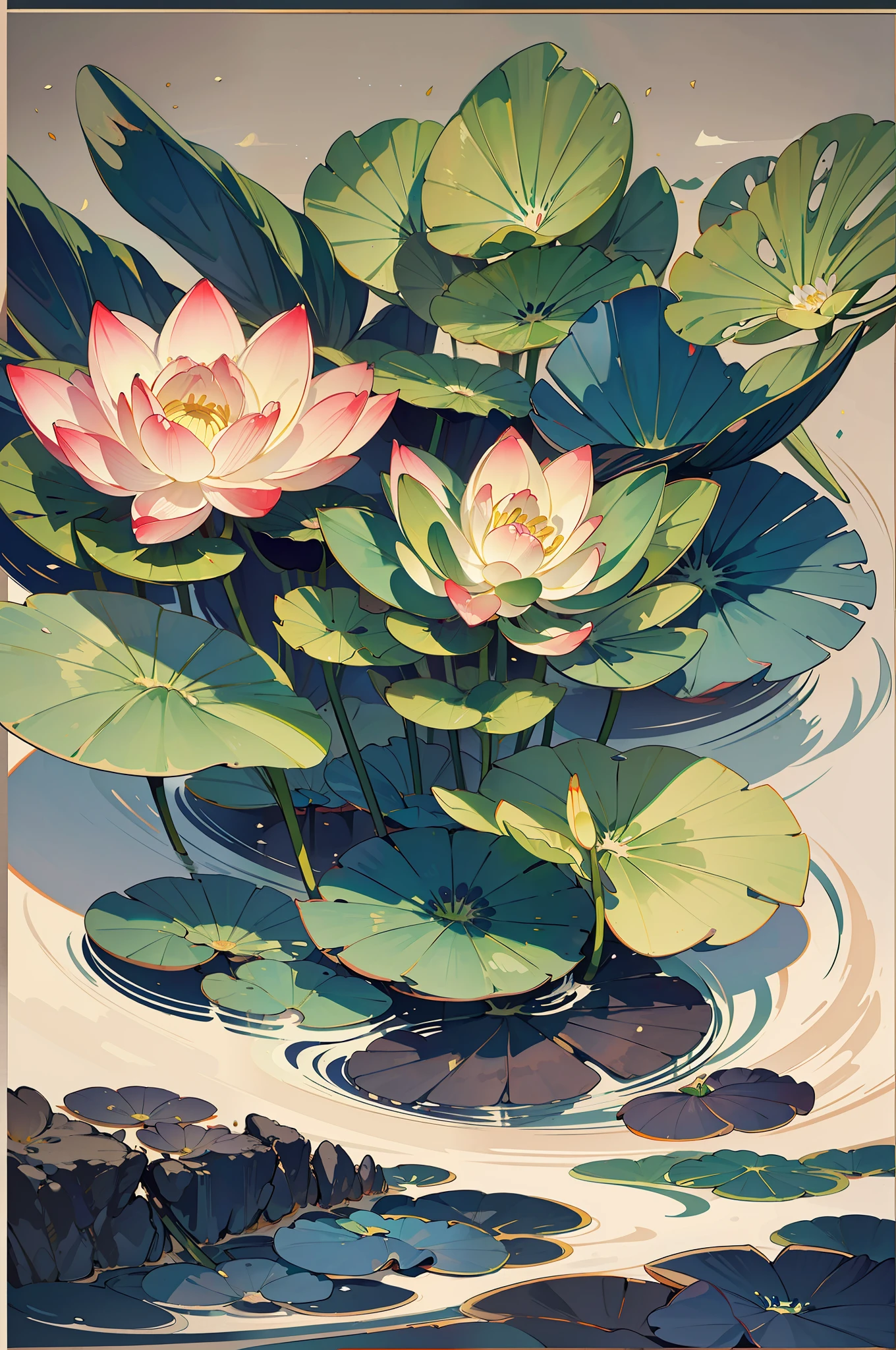 Big lotus leaves, lotus flowers, ink painting style, clean colors, ink style, smudging, decisive cutting, white space, freehand, masterpiece, super detailed, epic composition, high quality, highest quality, lotus fairy, ancient style, Dunhuang flying sky