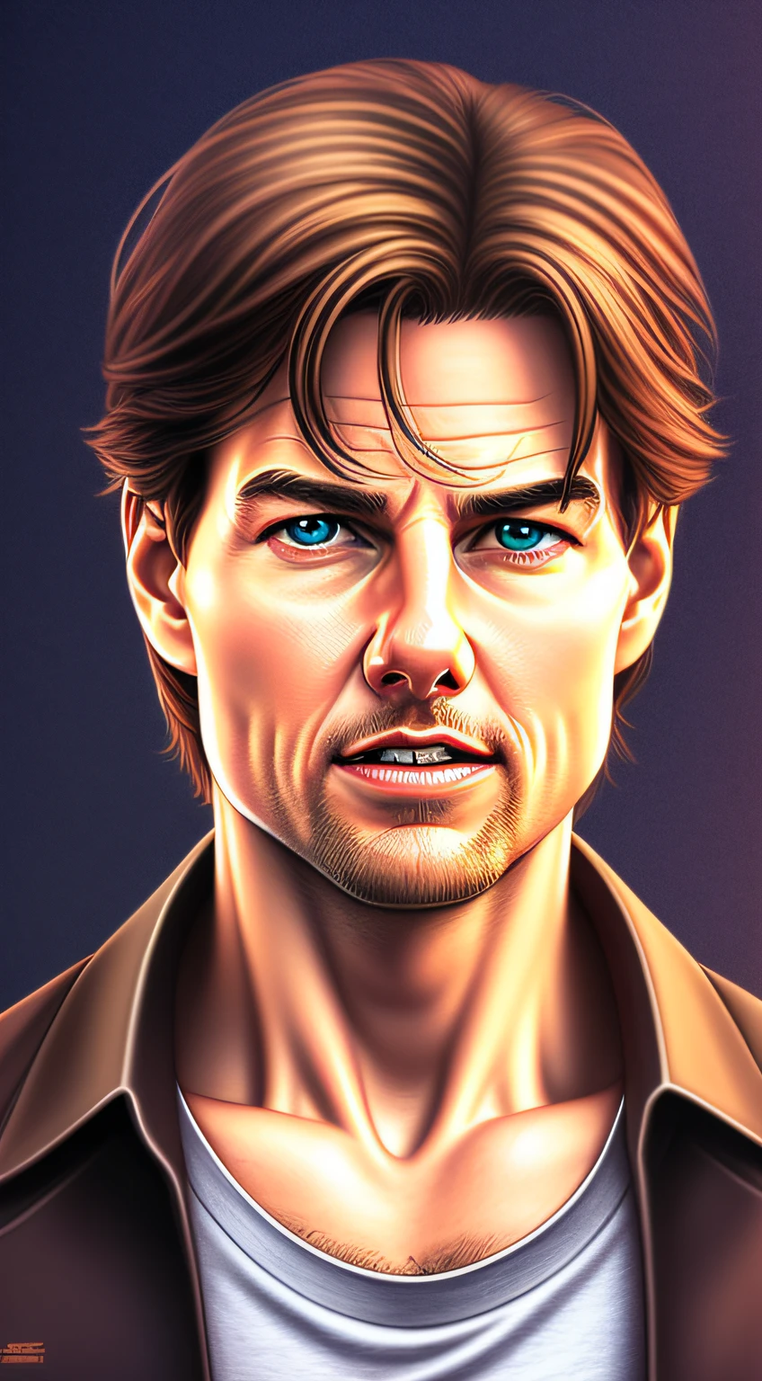 1man, very Tom Cruise, shirt, short hair, deeply carved eyes, small eyes, confident, passion, portrait, front look, 4k, high-res, best quality, illustration