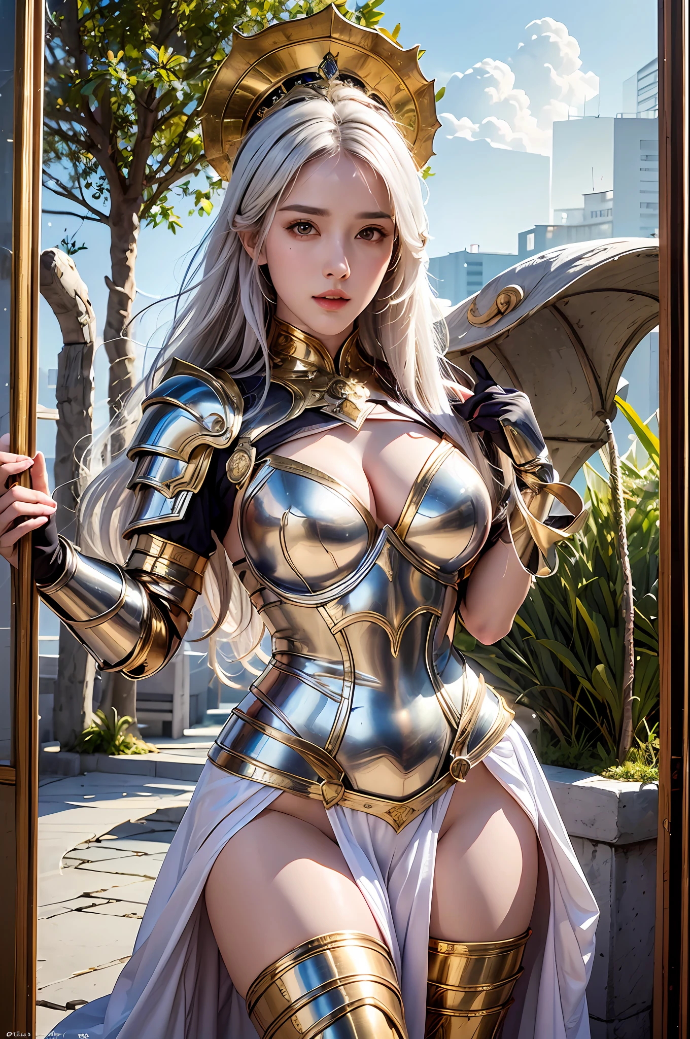 best quality, masterpiece, ultra-detailed, detailed light, (RAW photo:1.2), (photorealistic:1.4),(masterpiece:1.3),(best quality:1.4), 1girl, detailed face, solo, hips up, long hair, sky, dress, armor, cloud, full armor, gold armor