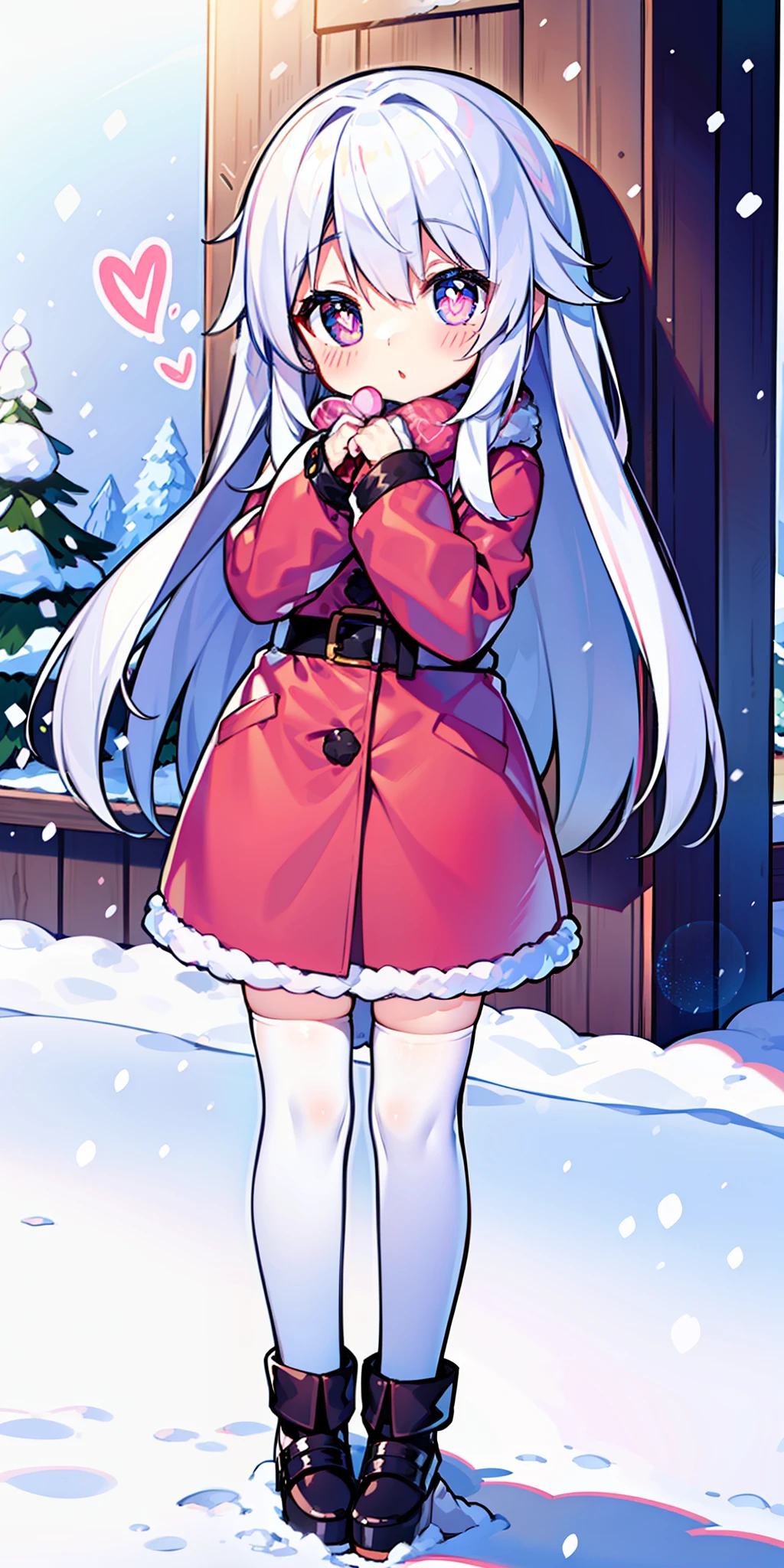 , long hair, cute, heart-shaped pupils, solo, white hair, blush, winter, snow, outdoors, white stockings, standing