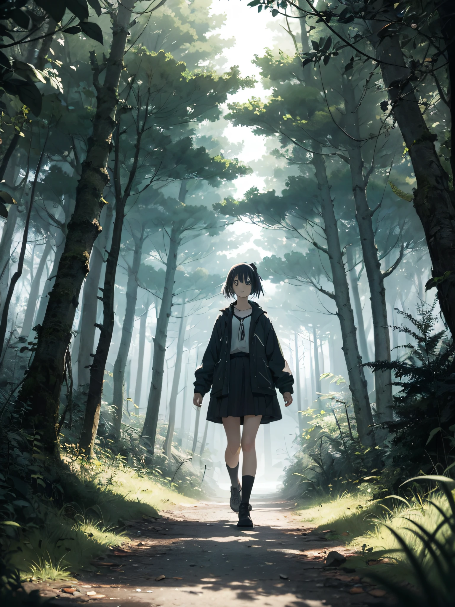 (a beautiful girl), (walking), (absent-minded), (dense forest), (gloomy atmosphere), (gloomy lighting) (ultra-detailed anime style)