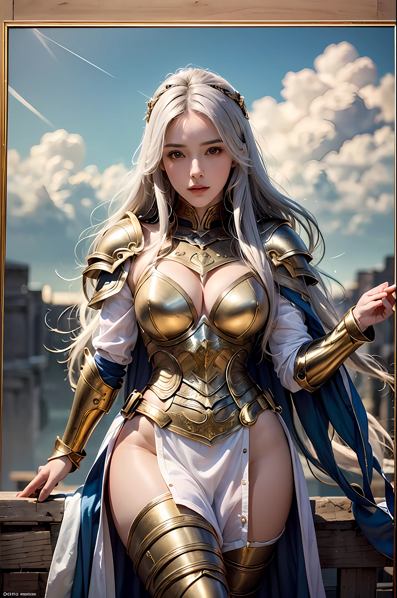 best quality, masterpiece, ultra-detailed, detailed light, (RAW photo:1.2), (photorealistic:1.4),(masterpiece:1.3),(best quality:1.4), 1girl, detailed face, solo, hips up, long hair, sky, dress, armor, cloud, full armor, gold armor