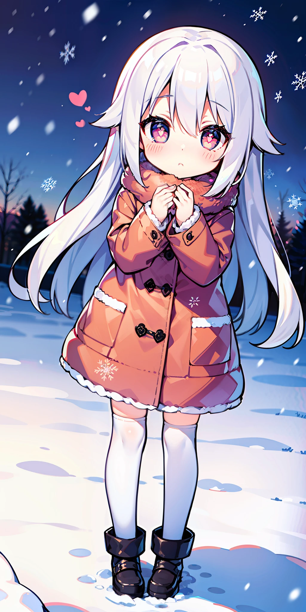 Loli, long hair, cute, heart-shaped pupils, solo, white hair, blush, winter, snow, outdoors, white stockings, standing