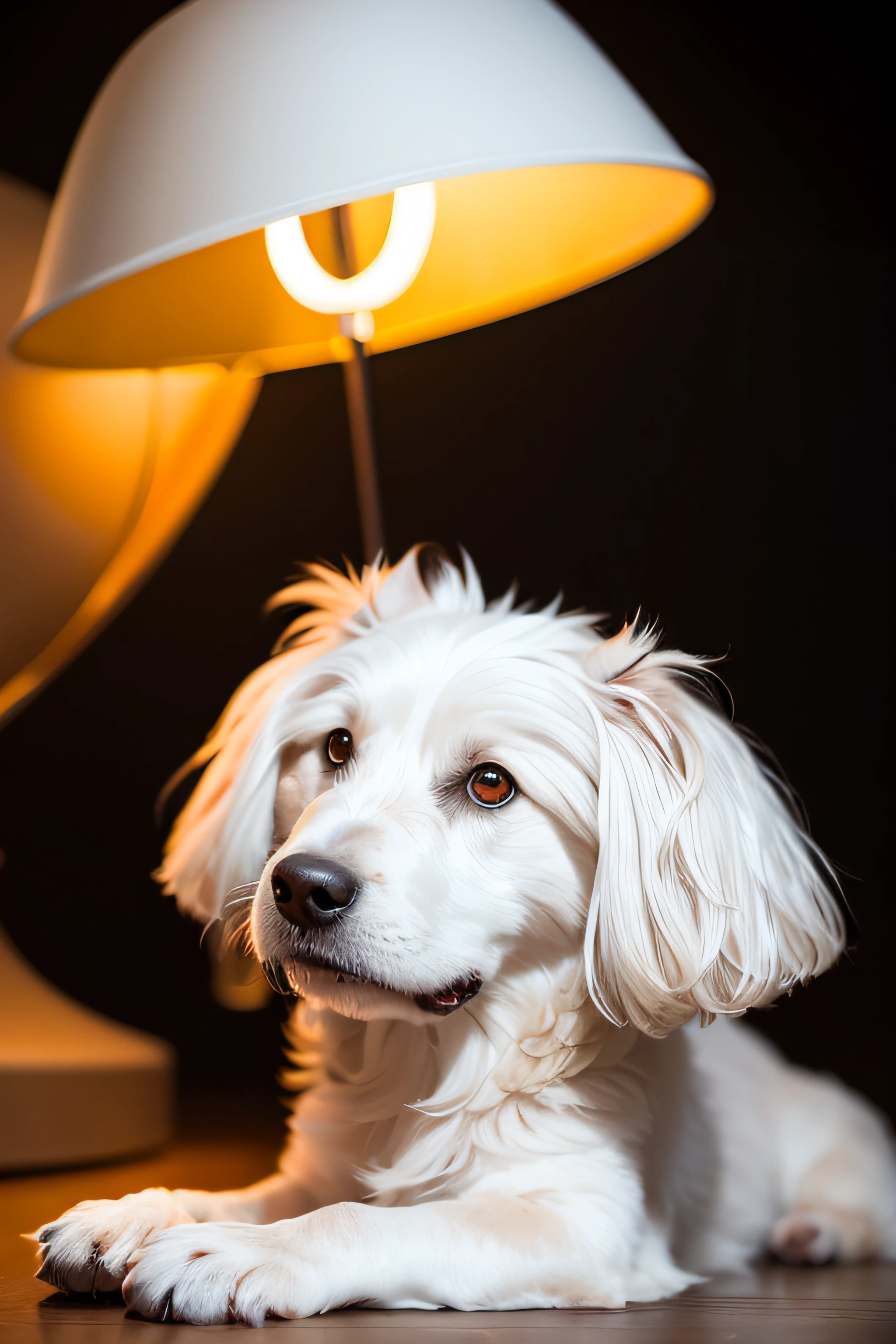 Realistic portrait of a cute English sheepdog, linda sonrisa, ((gracioso)), black background dark lighting, Yellow neon, primer plano, vista del producto, detalles faciales detallados, Cara perfecta, nitidez, tendencia en las artes, sharp facial details, CGSociety, ilustraciones digitales de ultra alta calidad, exquisito hiper detalle, 4k, 8K soft lighting, Dreamer --ISO 100, moda -