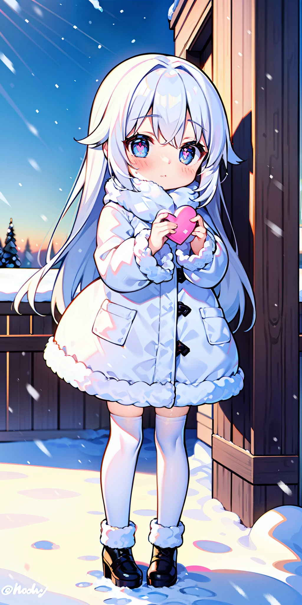, long hair, cute, heart-shaped pupils, solo, white hair, blush, winter, snow, outdoors, white stockings, standing