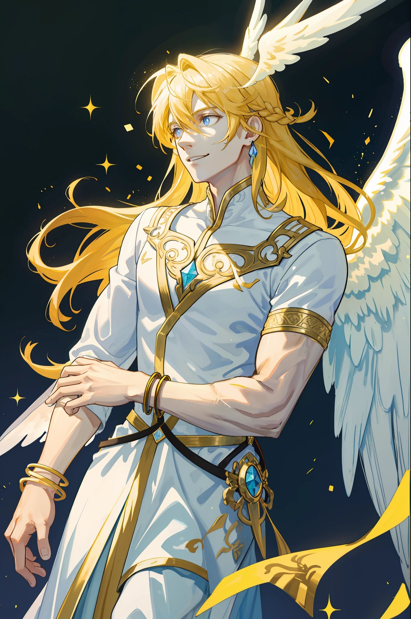 masterpiece, best quality, 1 male, adult, handsome, tall muscular guy, broad shoulders, finely detailed eyes and detailed face, extremely detailed CG unity 8k wallpaper, intricate details, pastel color long hair, fantasy, complex pattern, detailed face, angel wings, lens flare, colorful, glow white particles, white robe, gold bracelets and accessories, prism, glowing, glitter, particles, bloom, likes to celebrate and have fun, enjoys nature, bright and optimistic outlook, creative and adventurous spirit, represents happiness and harmony, depth of field