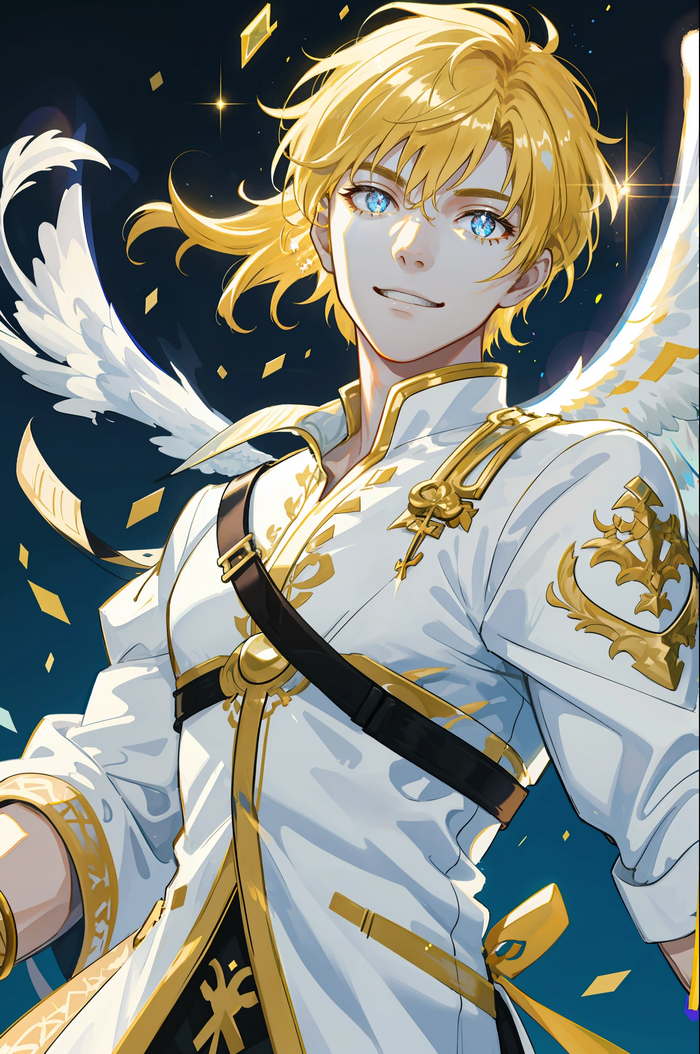 masterpiece, best quality, 1 male, adult, handsome, tall muscular guy, broad shoulders, finely detailed eyes and detailed face, extremely detailed CG unity 8k wallpaper, intricate details, pastel color long hair, fantasy, complex pattern, detailed face, angel wings, lens flare, colorful, glow white particles, white robe, gold bracelets and accessories, prism, glowing, glitter, particles, bloom, likes to celebrate and have fun, enjoys nature, bright and optimistic outlook, creative and adventurous spirit, represents happiness and harmony, depth of field