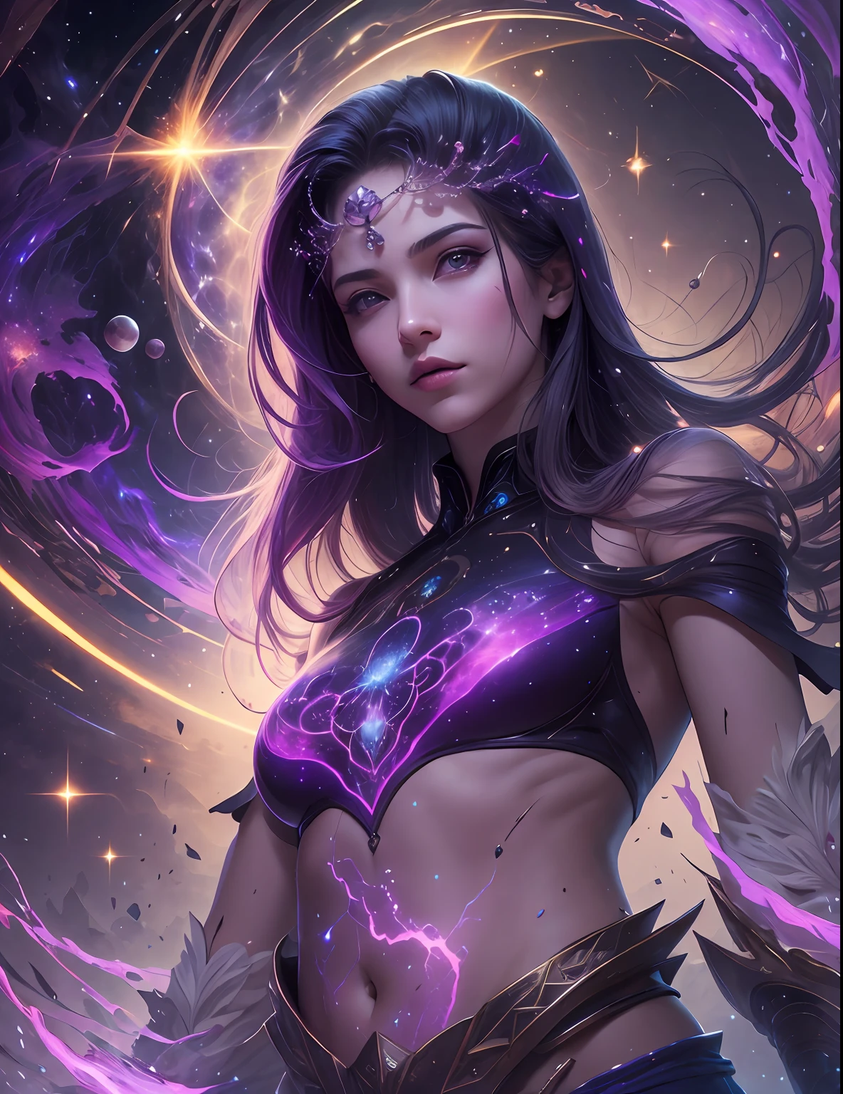 (obra-prima, qualidade superior, melhor qualidade, Arte Oficial, beautiful and aesthetic: 1.2), Menina, rosto detalhado, cabelo preto longo, (corpo inteiro), imagem de corpo inteiro, TODO CORPO, personagem inteiro, violet blouse and pants, celestial, cosmic, extremamente bonito, alto detalhado, (Galactic in the background), efeitos luminosos, Mais Detalhado, particle floating, runas antigas, geometric patterns, V0id3nergy, onde, Sombras, epic atmosphere