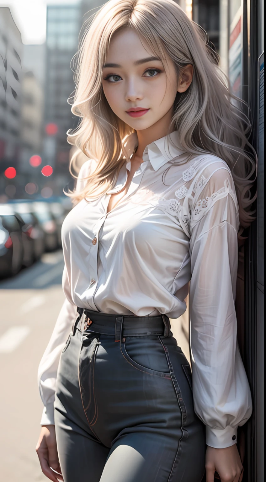 ((Realistic lighting,best qulity,8K,The Masterpiece:1.3)),1girls,Small moles under the eyes,Smile with,Detailed eyes,Beautiful woman with a slim figure:1.4,Korea,wan,(Floating wavy silk gray-white hair,Breezy hair,medium_breasts:1),Green women's lace shirt:1.2,Long sleeves are winded, standup, Ultra-detailed face, delicate eye, Double eyelid, shinny skin, Cowboy shooting