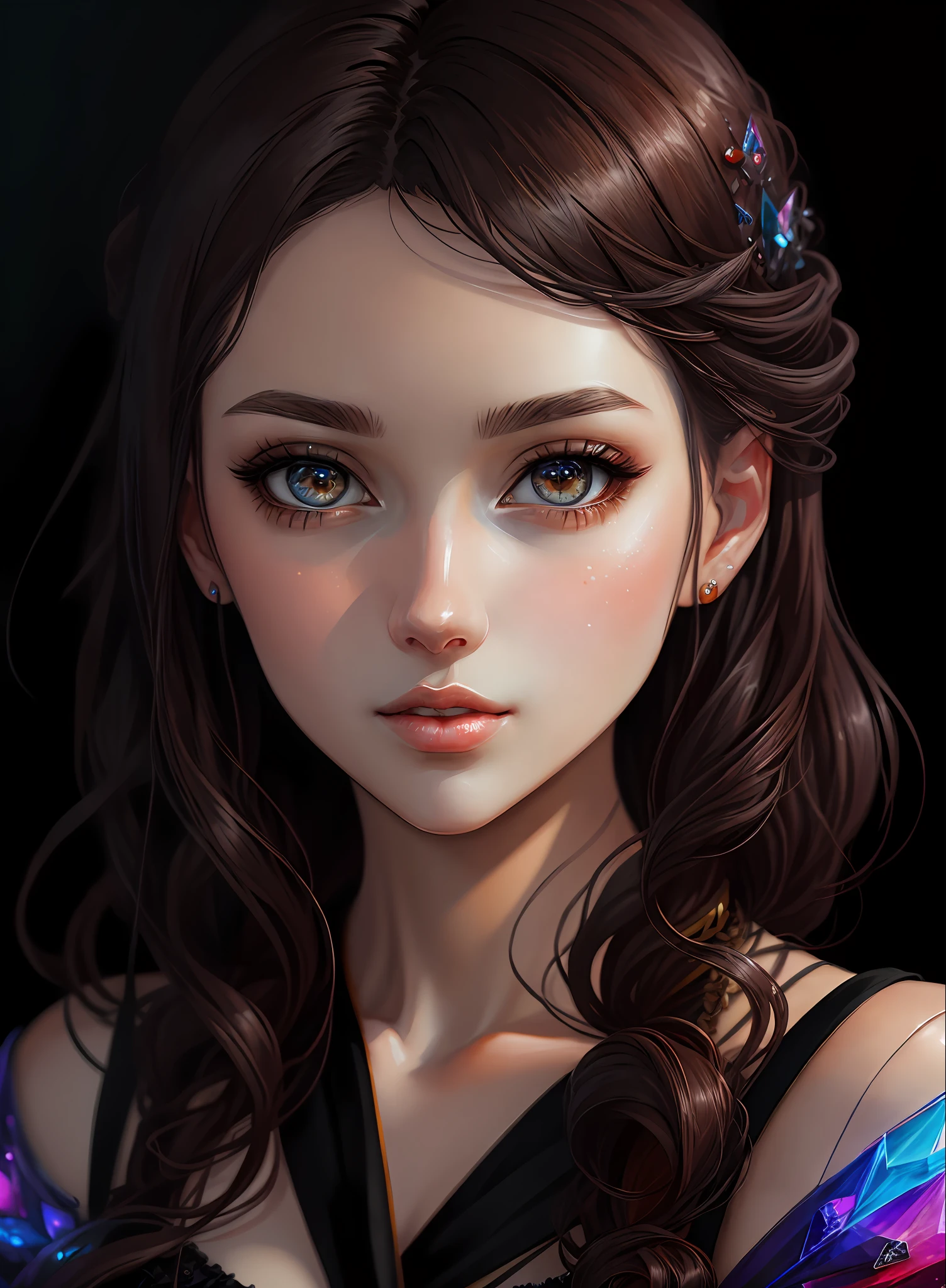 ((best qualiy)), ((The Masterpiece)), ((Realstic)), (full details),anime stile、 (a 1 woman)Close up portrait of cute woman with dark hair、Beautiful and moisturized eyes like crystal clear glass、Face without makeup、4K high-definition digital art、stunning digital illustration、Stunning 8K artwork、colorfull digital fantasy art、Colorful and bright、Beautiful digital artwork、Colorful Digital Painting、digital anime art、Portrait of beautiful and pretty woman、8K HD Digital Wallpaper Art、digitally painting