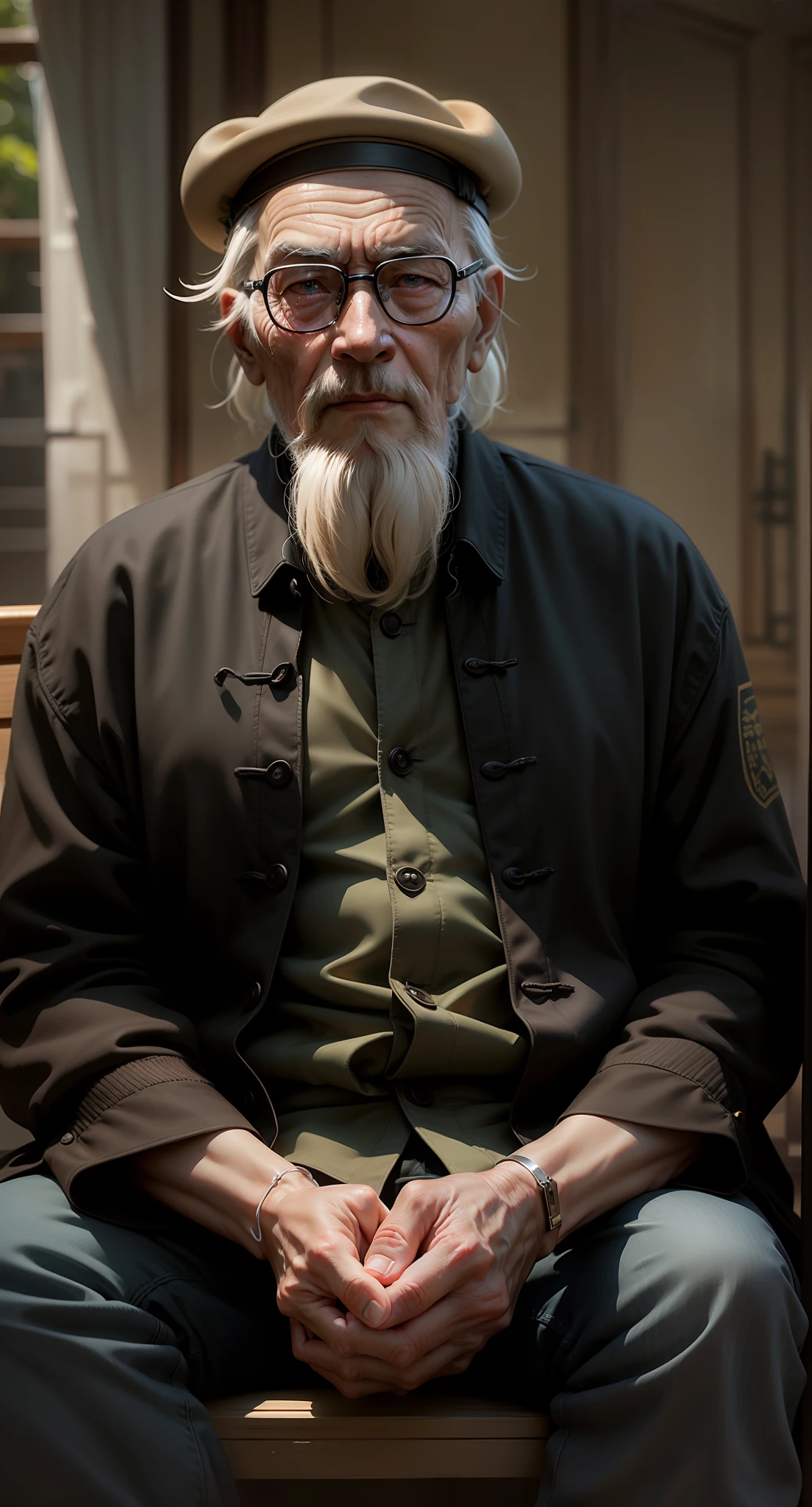 Eyes bigger,Fold your hands together,There are wrinkles,Old man of China,The face is amiable,The hat was changed to a black one of the older ones,Thick beard,super realism,8K