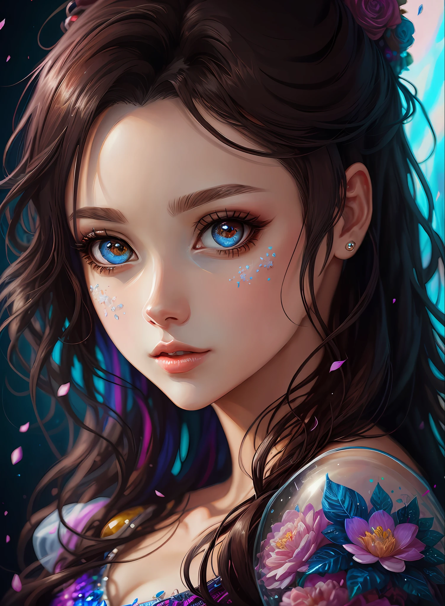 ((best qualiy)), ((The Masterpiece)), ((Realstic)), (full details),anime stile、 (a 1 woman)Close up portrait of cute woman with dark hair、Beautiful and moisturized eyes like crystal clear glass、Face without makeup、4K high-definition digital art、stunning digital illustration、Stunning 8K artwork、colorfull digital fantasy art、Colorful and bright、Beautiful digital artwork、Colorful Digital Painting、digital anime art、Portrait of beautiful and pretty woman、8K HD Digital Wallpaper Art、digitally painting