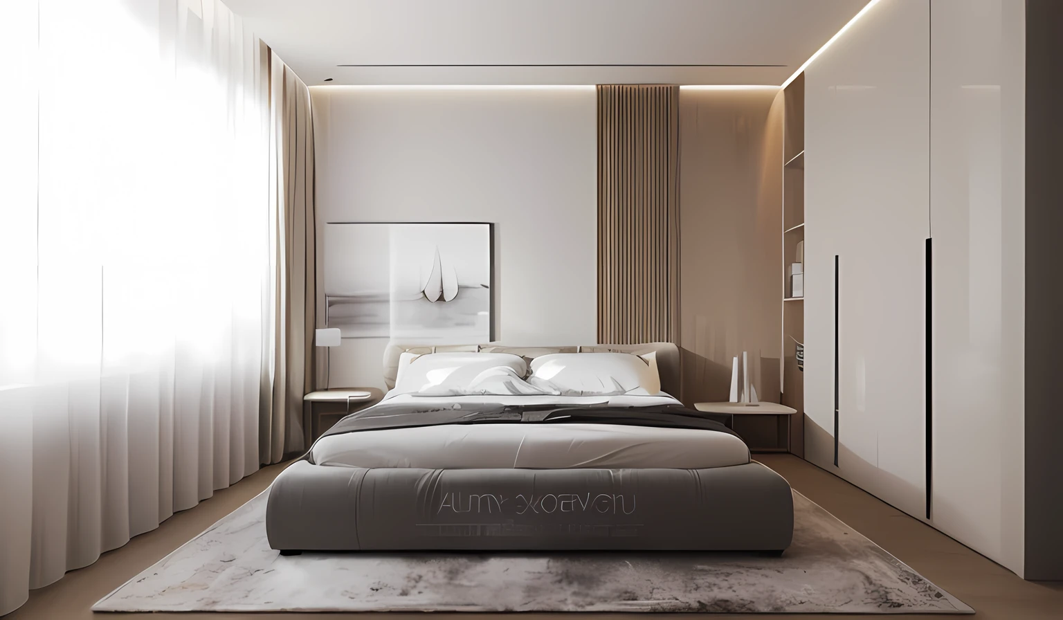 there is a bed with a white cover and a brown ottoman, in style of kyrill kotashev, modernsimplicity, realistic 3 d style, smooth curvature design, luxury hd render, in style of ultra realistic, Bed room, modern minimalist f 2 0, author:Alexander Kosis, serene bedroom setting, elegant and refined --auto