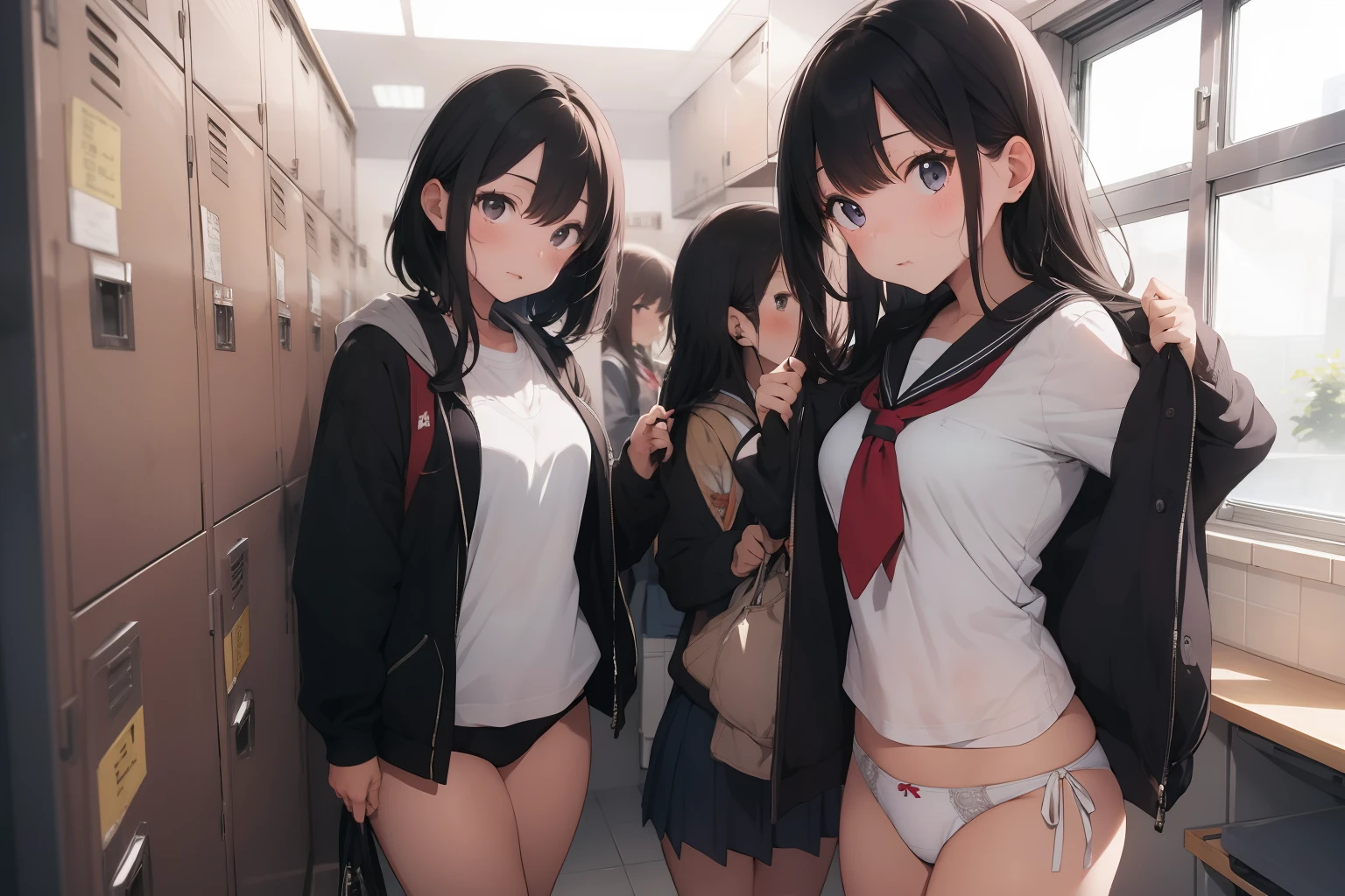 (masterpeace, best quality), 3girls, yo, school locker room, white panties, (changing clothes:1.3), wide angle, best lighting, best shadows