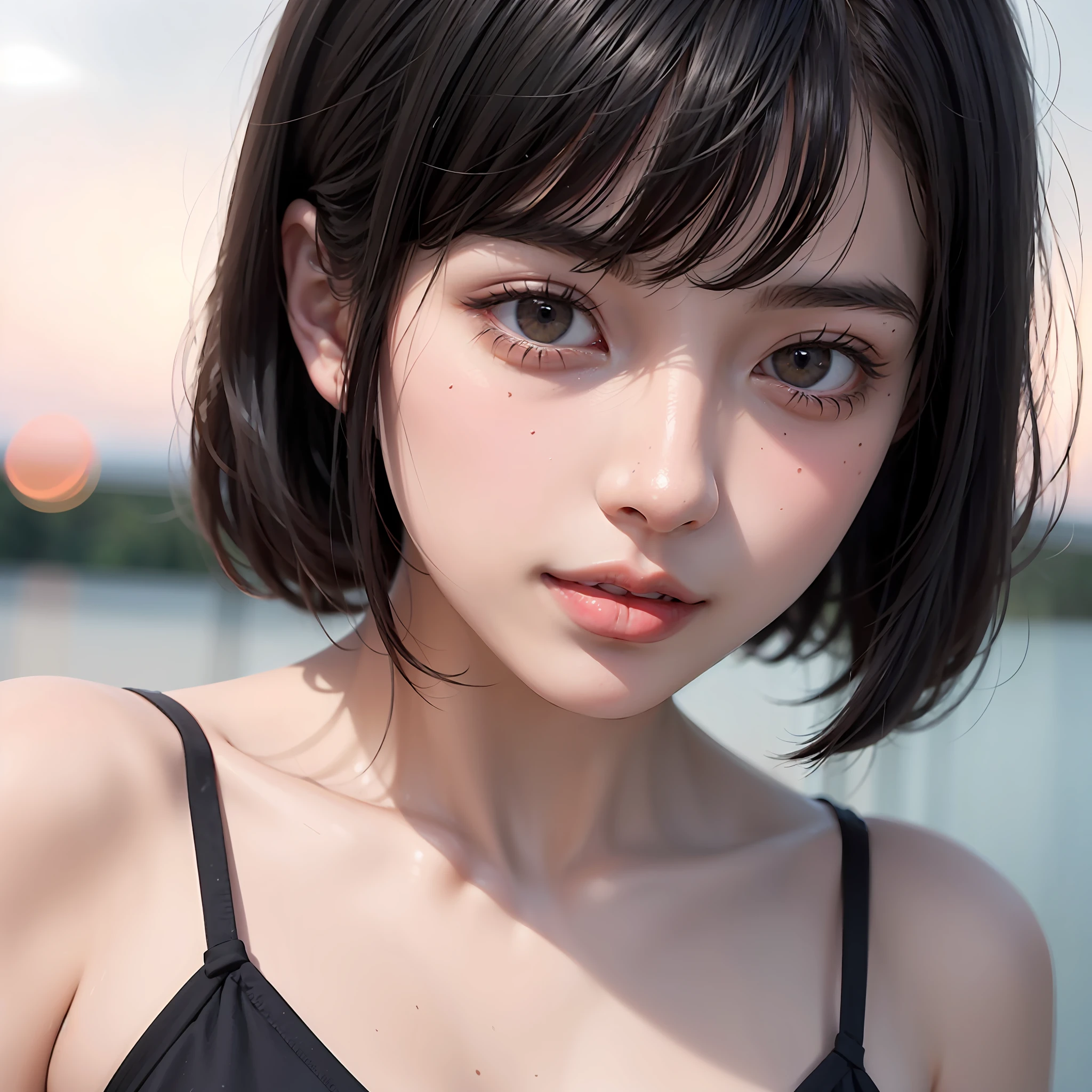 there is a woman with a black top and a black bra top, with short hair, beautiful japanese girls face, girl cute-fine-face, soft portrait shot 8 k, Beautiful Asian Girl, asian beautiful face, cute natural anime face, photo taken with sony a7r, young cute wan asian face, portrait cute-fine-face, Realistic young gravure idol