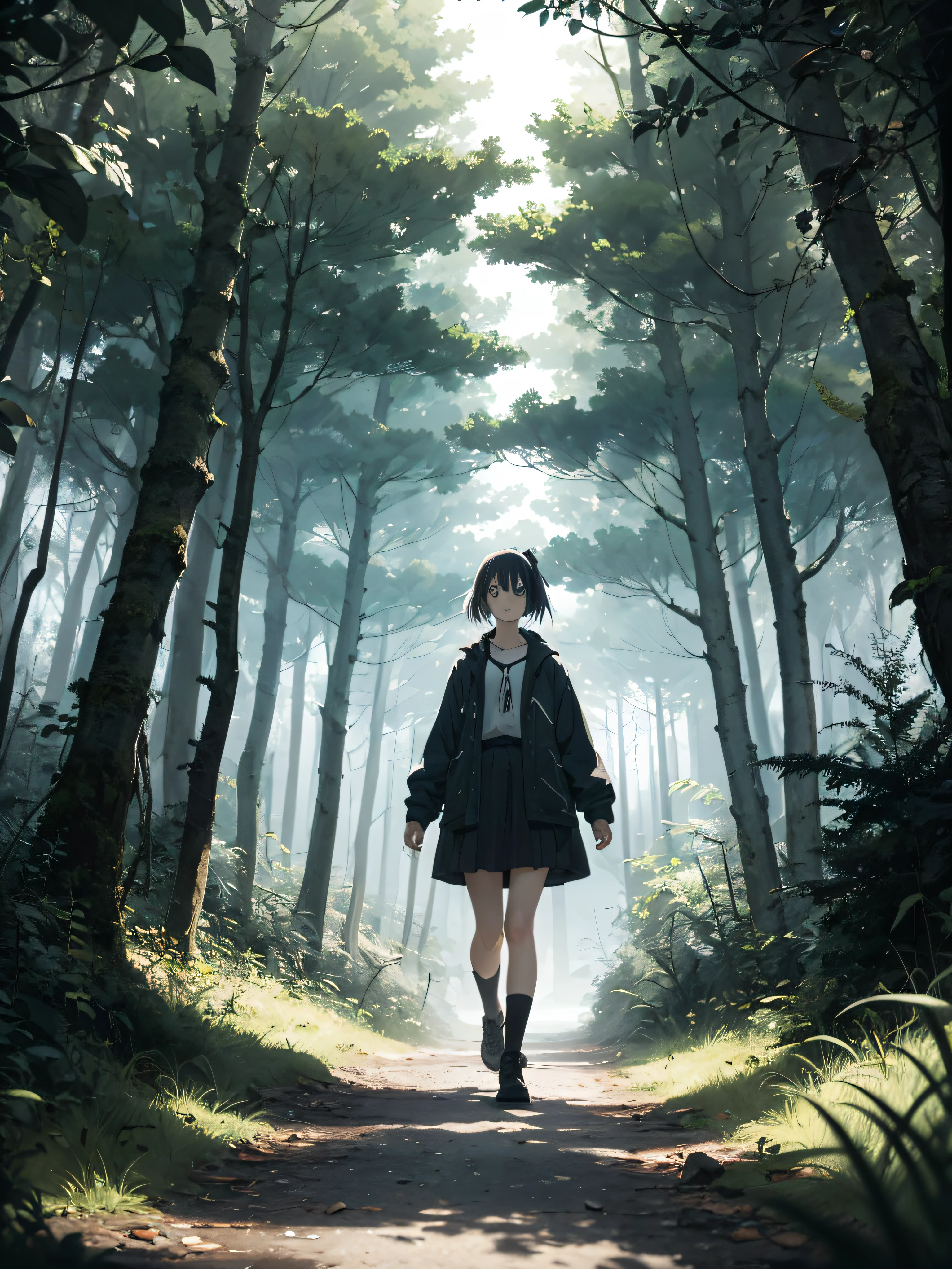 (a beautiful girl), (walking), (absent-minded), (dense forest), (gloomy atmosphere), (gloomy lighting) (ultra-detailed anime style)