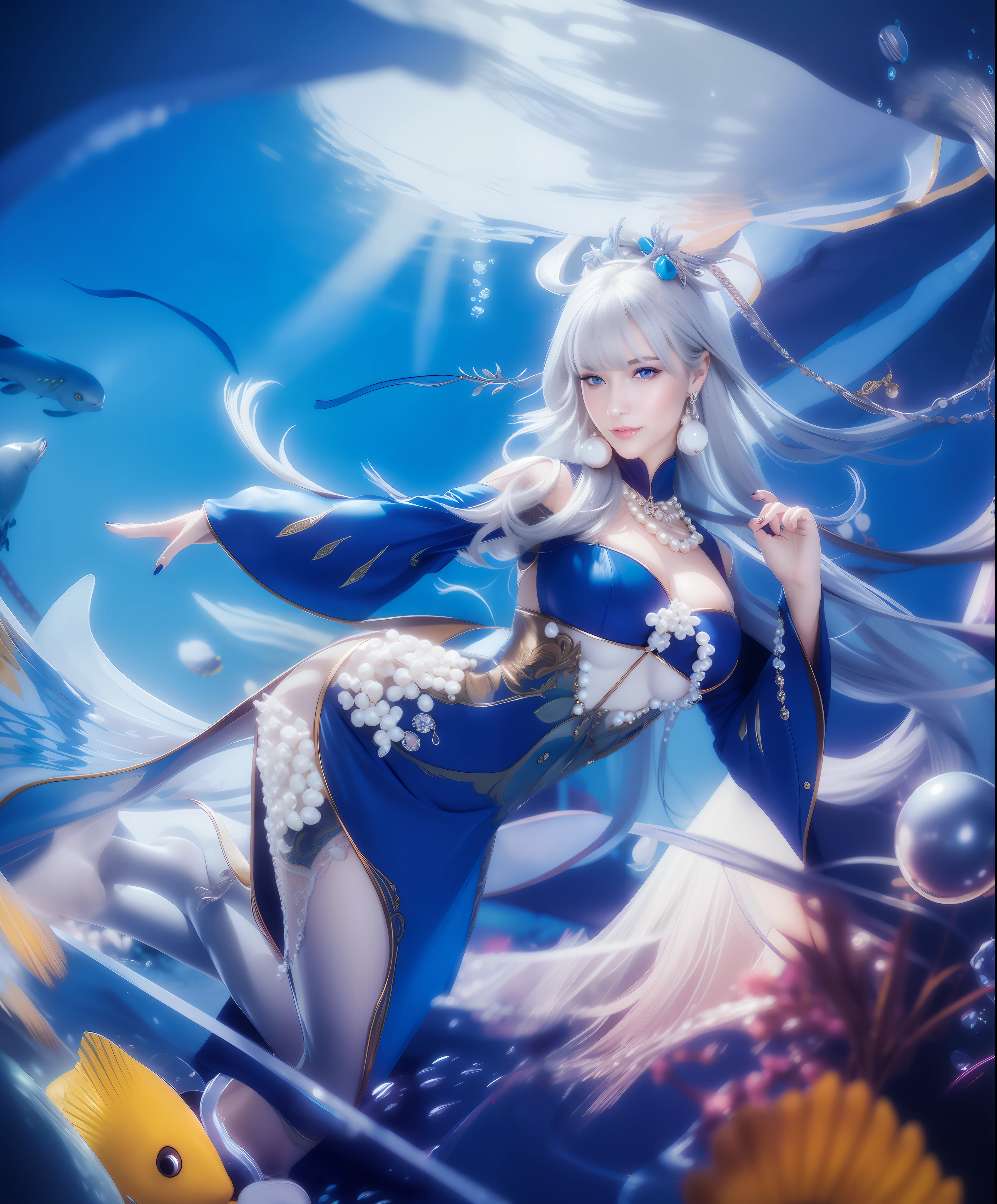 Woman, beautiful face, smile, blue eyes, Sexy blue dress, long white hair with perfect pearl necklace, ultra realistic, photorealistic, masterpiece, detail, Under the sea, perfect face, high heels, According to the picture