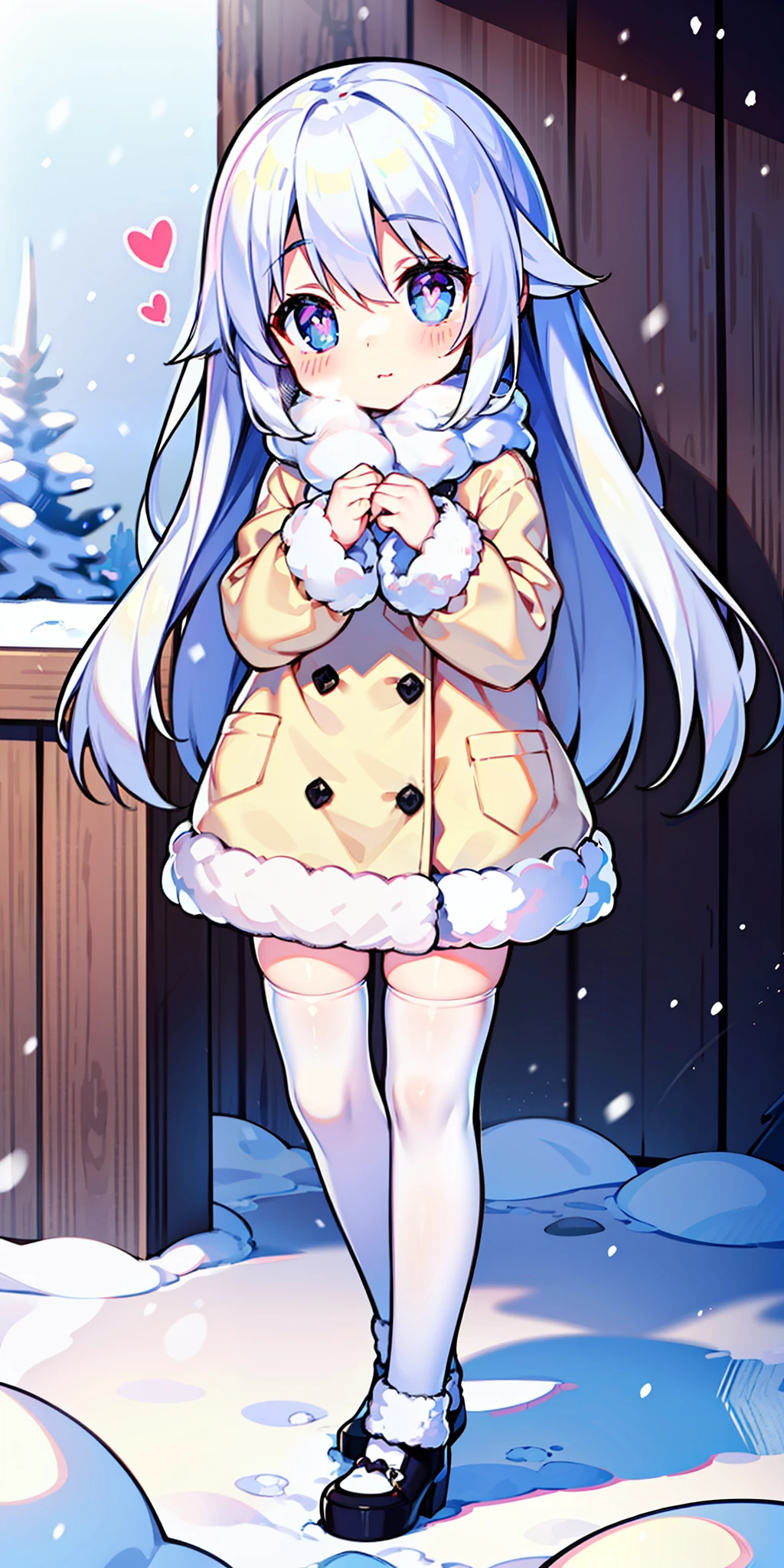 Loli, long hair, cute, heart-shaped pupils, solo, white hair, blush, winter, snow, outdoors, white stockings, standing