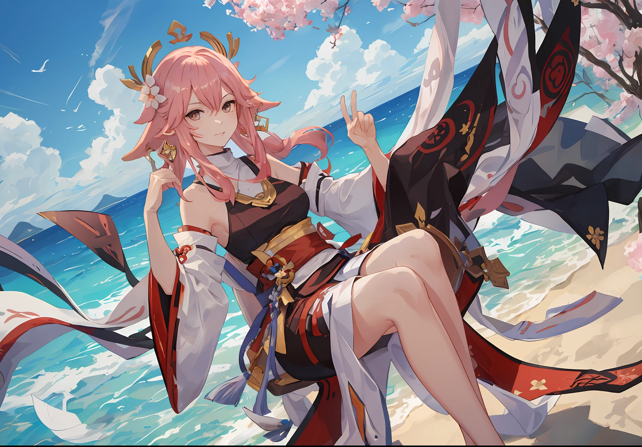 Lora(yae miko), Impacto Genshin, praia, Masterpiece, seios grandes, corpo bonito, sakura tree, 4k, melhor qualidade, papel de parede, 1 garota.