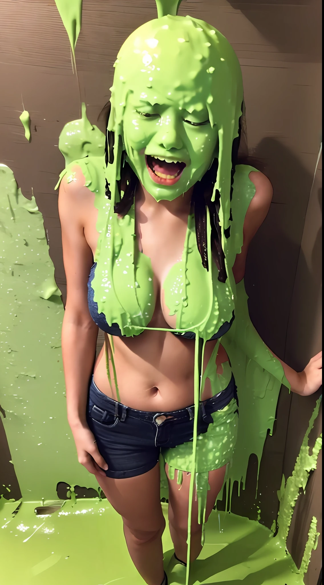 ((Best quality, 8k, Masterpiece: 1.3)), Sharp focus: 1.2, A beautiful woman with perfect body: 1.4, Slim abdomen: 1.2, ((Layered haircut, Large breasts: 1.2)), (no bra) (Small), slime above her head, ((Green slime falling down)) high quality, sad face, best quality, masterpiece, 1girl, long hair, humiliated expression, stage, Tv game show, attractive brunette, slimed woman, ((green slime falling onto her hair and face)), woman standing in a glass tank, laughing crowd, shallow depth of field, large audience, Slimed, woman, shocked, photorealistic, full length, bright studio, crowd behind.