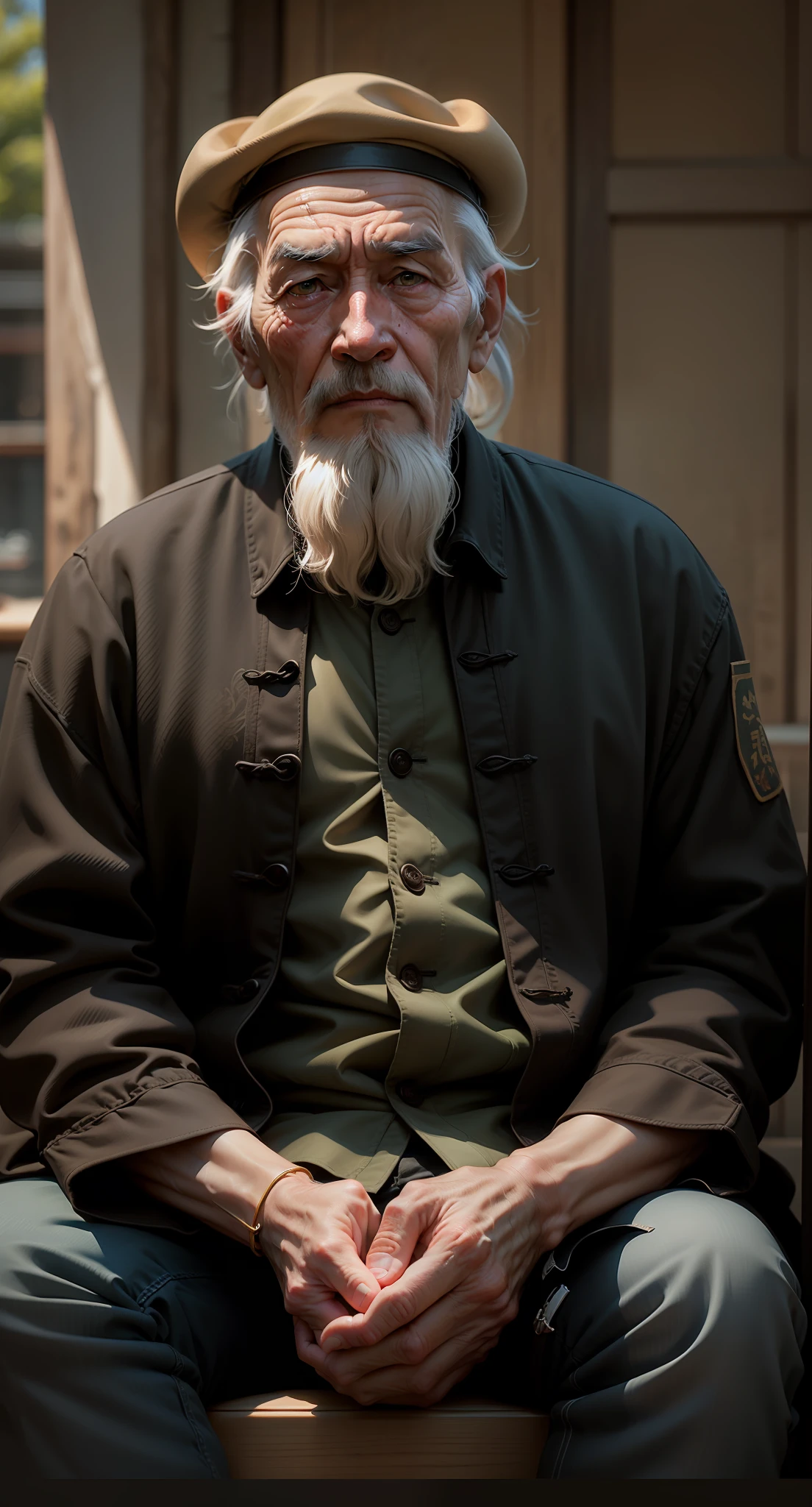 Eyes bigger，Fold your hands together，There are wrinkles，Old man of China，The face is amiable，The hat was changed to a black one of the older ones，Thick beard，super realism，8K