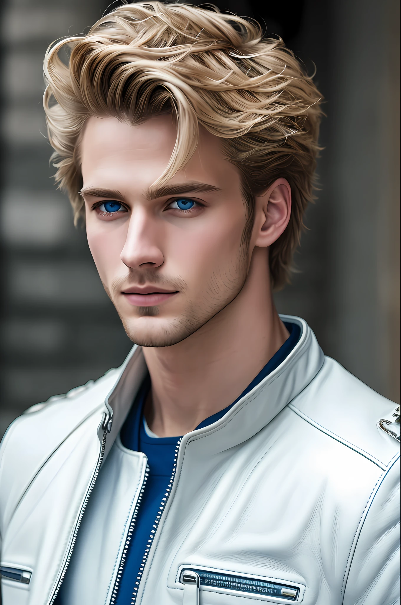 masterpiece, highest quality, RAW, style, A stunning half-body portrait of a handsome man, light hair, pale skin, vibrant blue eyes, wearing white leather jacket, focused expression, (highly detailed skin, skin details), sharp focus, 8k UHD, DSLR, high quality, film grain, Fujifilm XT3, intricate details, highly detailed, cluttered and detailed background