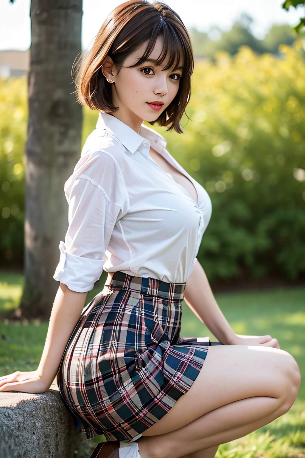 NSFW, 8k RAW photo, best qualiy, The Masterpiece, ultra-highresolution, film grains, filmg, 1girls, fully body、kawaii、Stand on one foot on a skateboard、Balance on one leg、looking at the viewers, Natural skin texture, Realistic eye and face details, Full lips, lipsticks, (makeup), Red eyeshadow, fluffy long hair, Messy hair, Sorrisos, mouth close, Beautiful legs, Tall women, skiny, slim_Legs, 独奏, gigantic breastss, cleavage breasts, Camera Angle=under、Ultra short skirt, buttock, shirts, pink panty、Beautiful natural places, Around the position of the flower, (detailed backgorund), Plaid skirt, whiteshirt, gigantic breastss, cleavage breasts, Show a little cleavage through the shirt, The blue bra is visible、loafers, a blurry background, Blurry, ngel, Plaid, Half-sleeved, brown colored hair, bracelets, aqua, Long hair fluttering in the wind, school-uniform, jewelries, Parted lips, s lips, from the side, ultra miniskirt, Depth-of-field