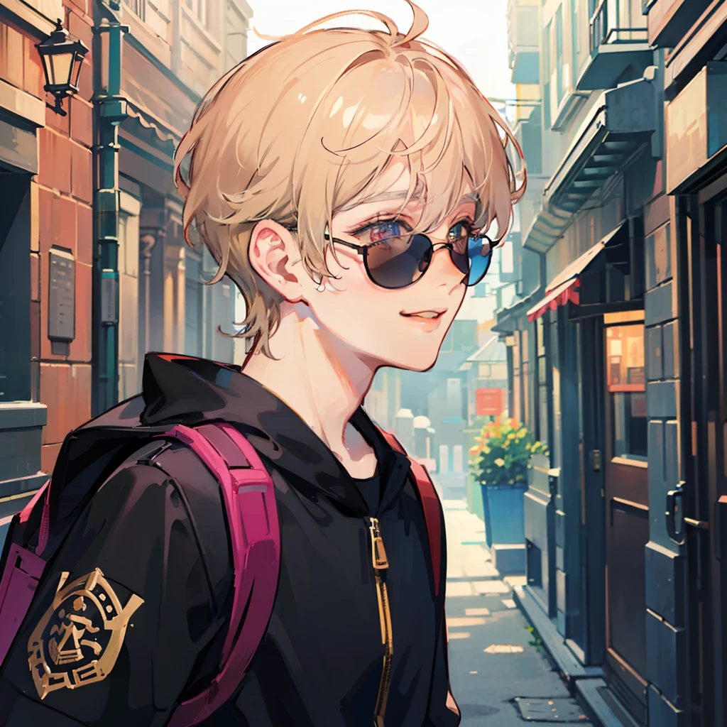 ((masterpiece)), ((best quality)), ((profile style)), ((HD 4k)), ((anime character)), ((male face)), boy, light skin tone, happy , smile, eyes, sunglasses, eyebrow, ear, short straight hair, arms, sweatshirt, background scenery, backpack on back