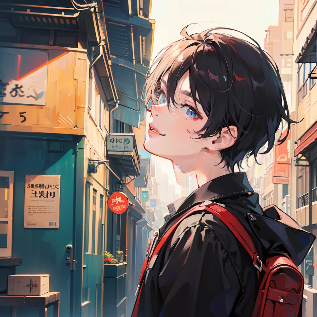 ((masterpiece)), ((best quality)), ((profile style)), ((HD 4k)), ((anime character)), ((male face)), boy, light skin tone, happy , smile, eyes, sunglasses, eyebrow, ear, short straight hair, arms, sweatshirt, background scenery, backpack on back