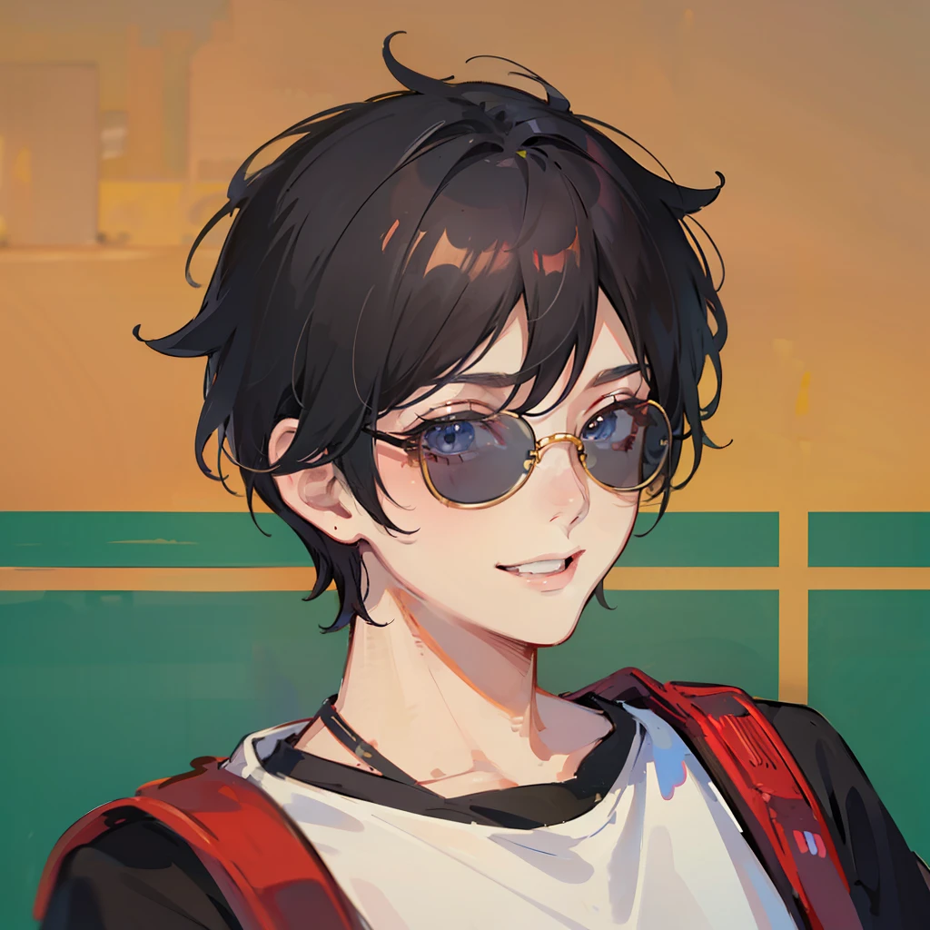 ((masterpiece)), ((best quality)), ((profile style)), ((HD 4k)), ((anime character)), ((male face)), boy, light skin tone, happy , smile, eyes, sunglasses, eyebrow, ear, short straight hair, arms, sweatshirt, background scenery, backpack on back