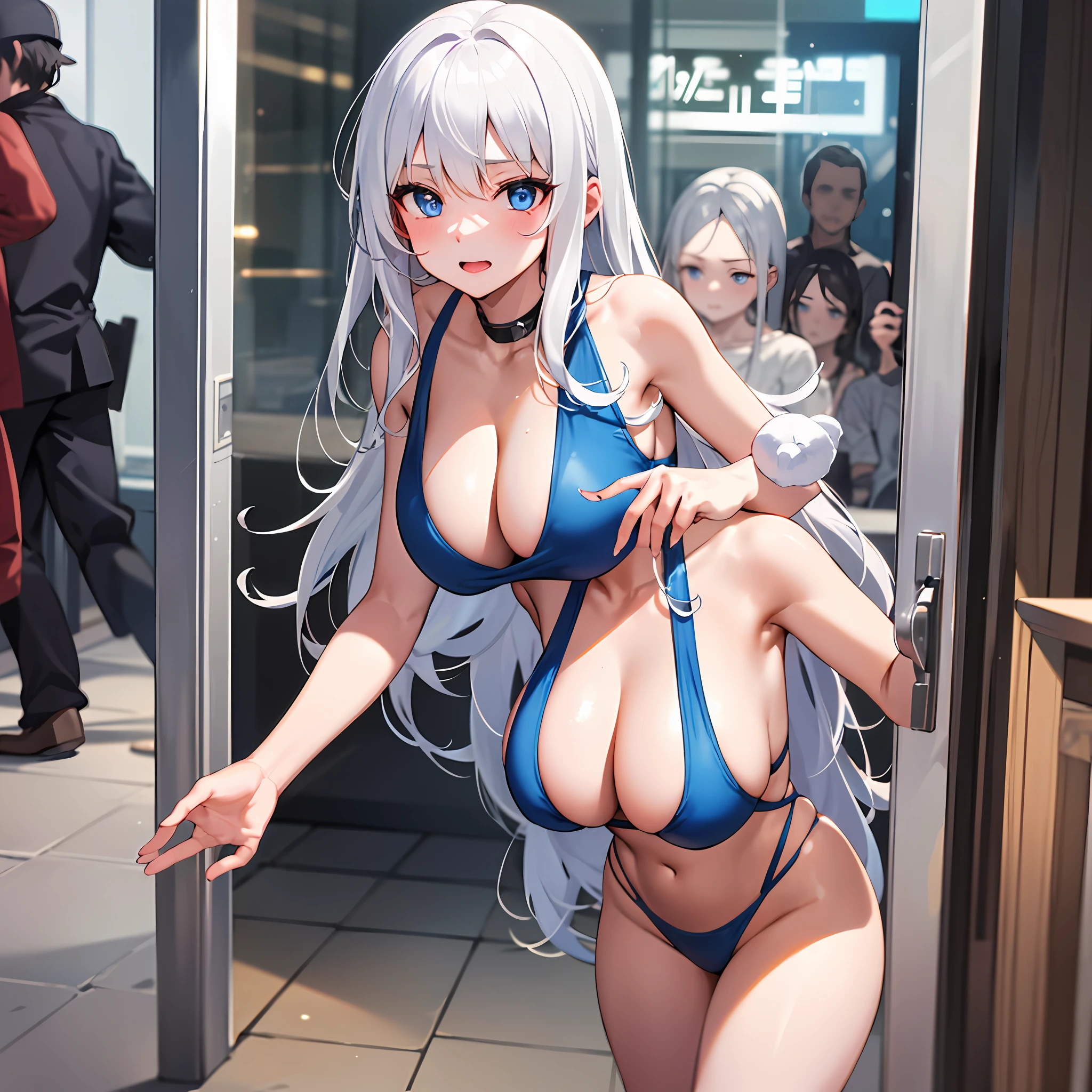 Single person，enmaided，Look at the audience, （White one-piece gel coat），（big boob），（Cleavage）,, Long silver-white hair, Blue eyes，out door