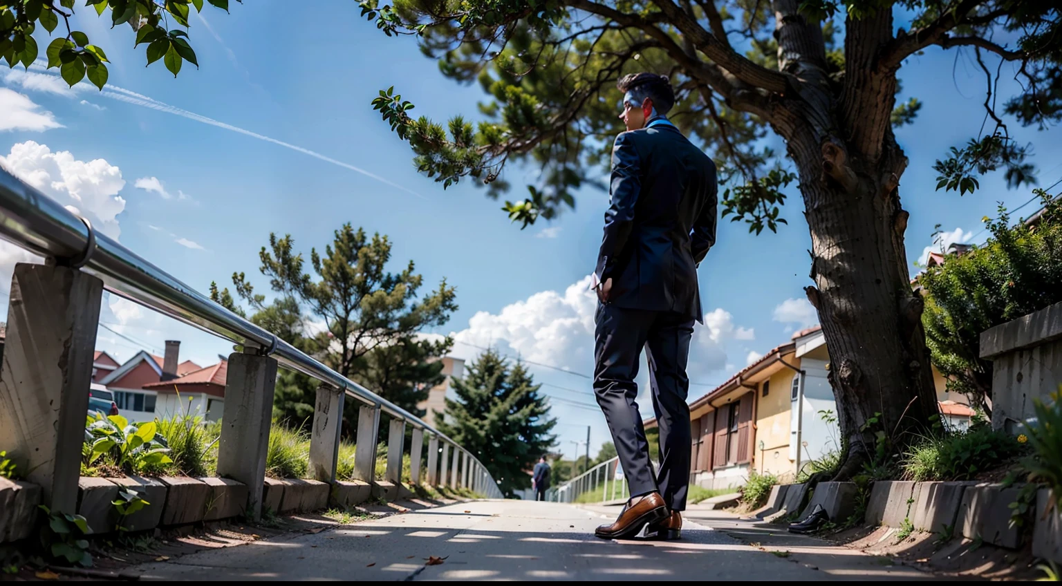 Pictures, beautiful photos, male suit and male shoes standing at the base of a tree, realistic, rear figure standing under a tree, taking a step, seen from behind, the ground is dirt, clear photo, realistic tree, looking up