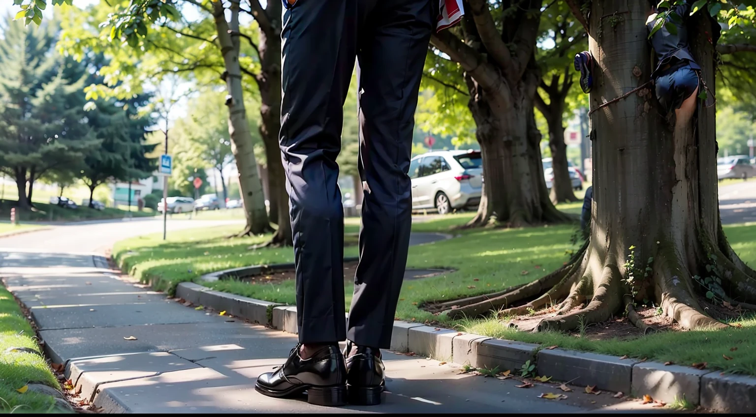 Pictures, beautiful photos, male suit and male shoes standing at the base of a tree, realistic, rear figure standing under a tree, taking a step, seen from behind, the ground is dirt, clear photo, realistic tree, looking up