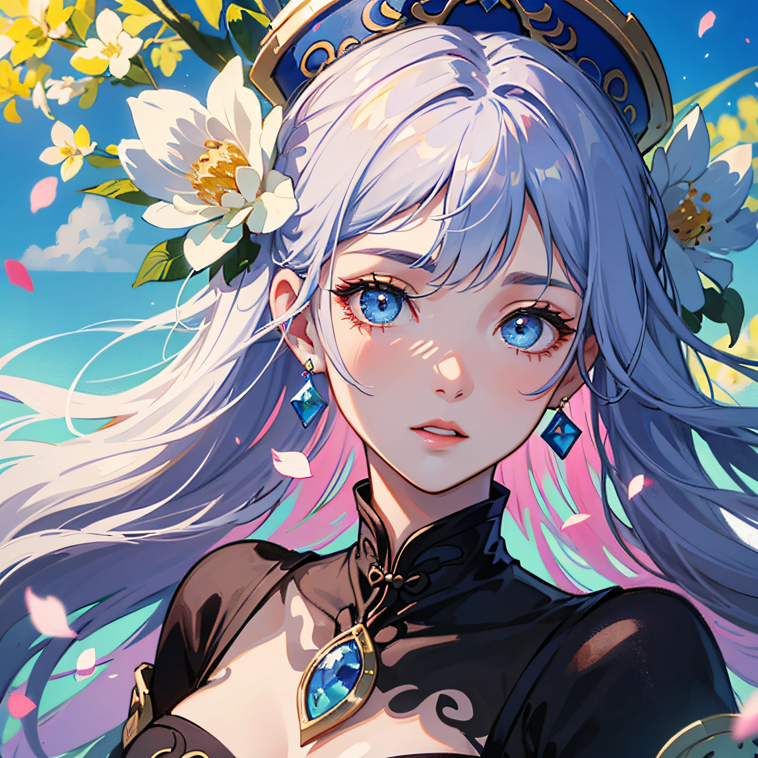 Mature girls、blue eye、pale hair color、Floating hair、Delicate and flexible eyes、Complex damask hanf、Luxury Accessories、wearing pearl earrings、FOV、f / 1.8、The Masterpiece、blue skies、Petals flying、Frontal portrait shot、Chang'e、sidelit、ten mens々Sunlight to、8K