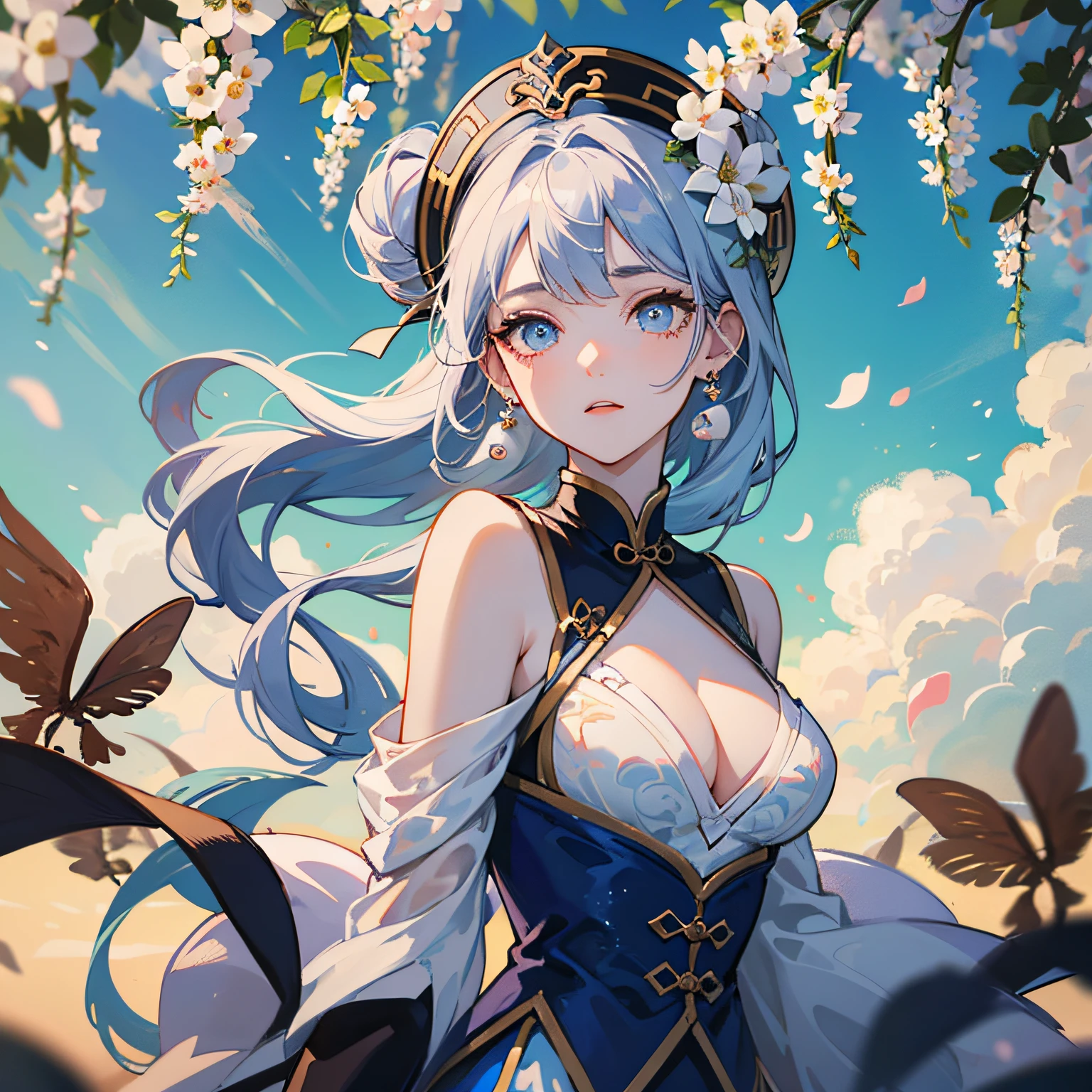 Mature girls、blue eye、pale hair color、Floating hair、Delicate and flexible eyes、Complex damask hanf、Luxury Accessories、wearing pearl earrings、FOV、f / 1.8、The Masterpiece、blue skies、Petals flying、Frontal portrait shot、Chang'e、sidelit、ten mens々Sunlight to、8K