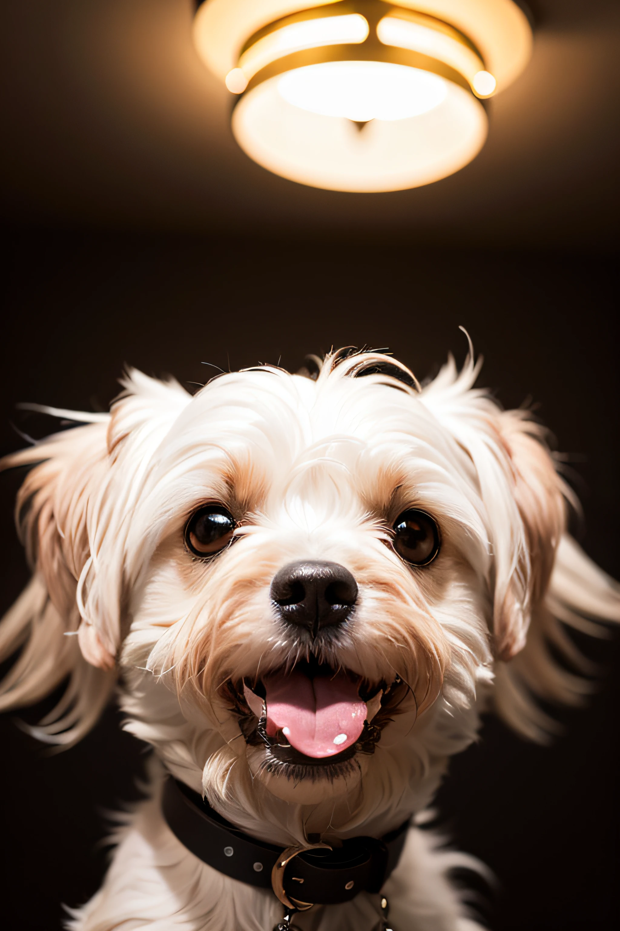 Realistic portrait of a cute Maltese dog, linda sonrisa, ((gracioso)), black background dark lighting, Yellow neon, primer plano, vista del producto, detalles faciales detallados, Cara perfecta, nitidez, tendencia en las artes, sharp facial details, CGSociety, ilustraciones digitales de ultra alta calidad, exquisito hiper detalle, 4k, 8K soft lighting, Dreamer --ISO 100, moda -