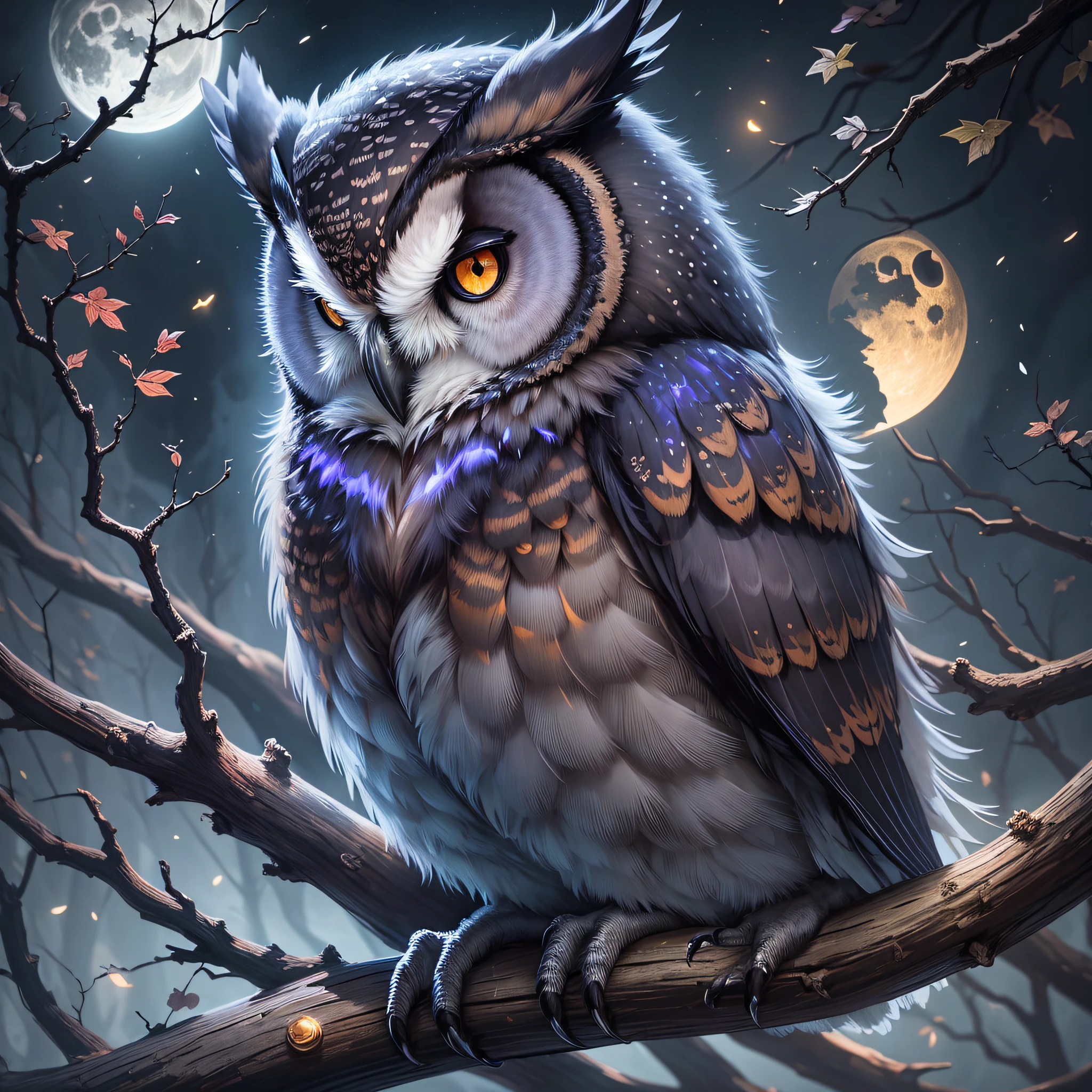 "Midnight Owl": A mystical and nocturnal scene showcasing a majestic owl perched on a gnarled branch under a crescent moon, with an air of mystery and enchantment, perfect for a Halloween-themed t-shirt, Ultra realism, color field printing, high detail, UHD, 8k, anatomically correct, cinematic lighting 4d quality --auto --s2