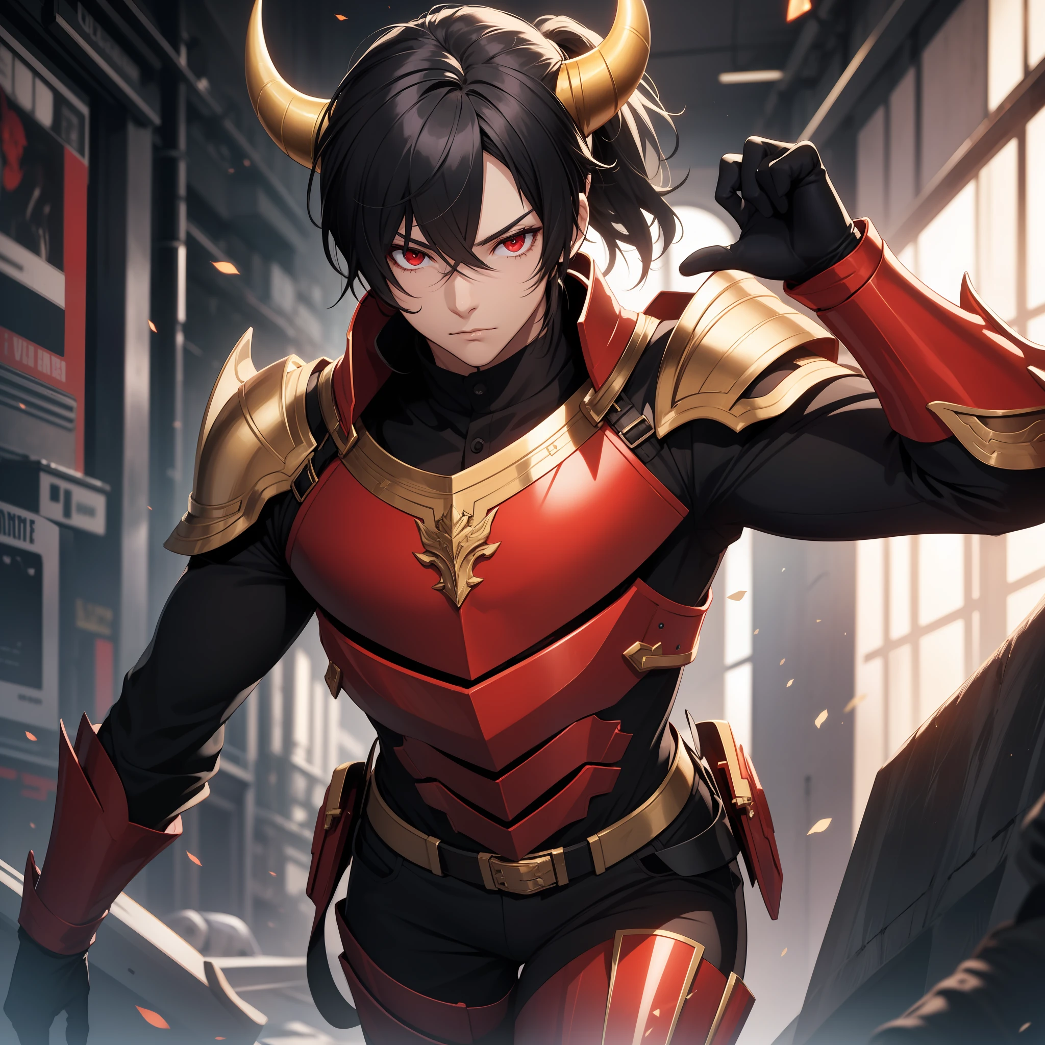 solo male, black hair, ponytail, red eyes, red and gold armor, black pants, black gloves, horns, demon