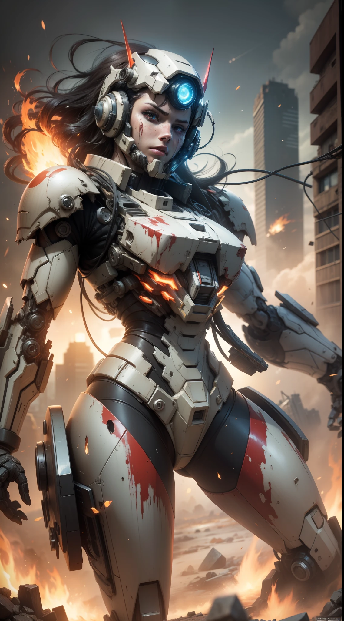 Look down from the top of your head,(Digital artwork:1.3)(a sketch:1.1)Octane renders a wasteland,weed,Dilapidated houses,macadam,Sunset,in crimson red,(((A girl in a combat suit stands on a broken mech with only her upper body,There is blood at the corner of the mouth,Messy long hair flying,The cockpit opens))),One arm of the mech was broken,Mars splashes,Broken,Exposed wires,((Mecha is depicted finely)),(((ultra fine))),Shoot at 8K resolution,Gasoline liquid,firelight,exploding,splash arts,Lithography in intricate details,(Light particles:1.2),(game concept:1.3),(deep of field:1.3),Global illumination,well detailed,Trends on ArtStation,Epic shooting,Cinematic lighting