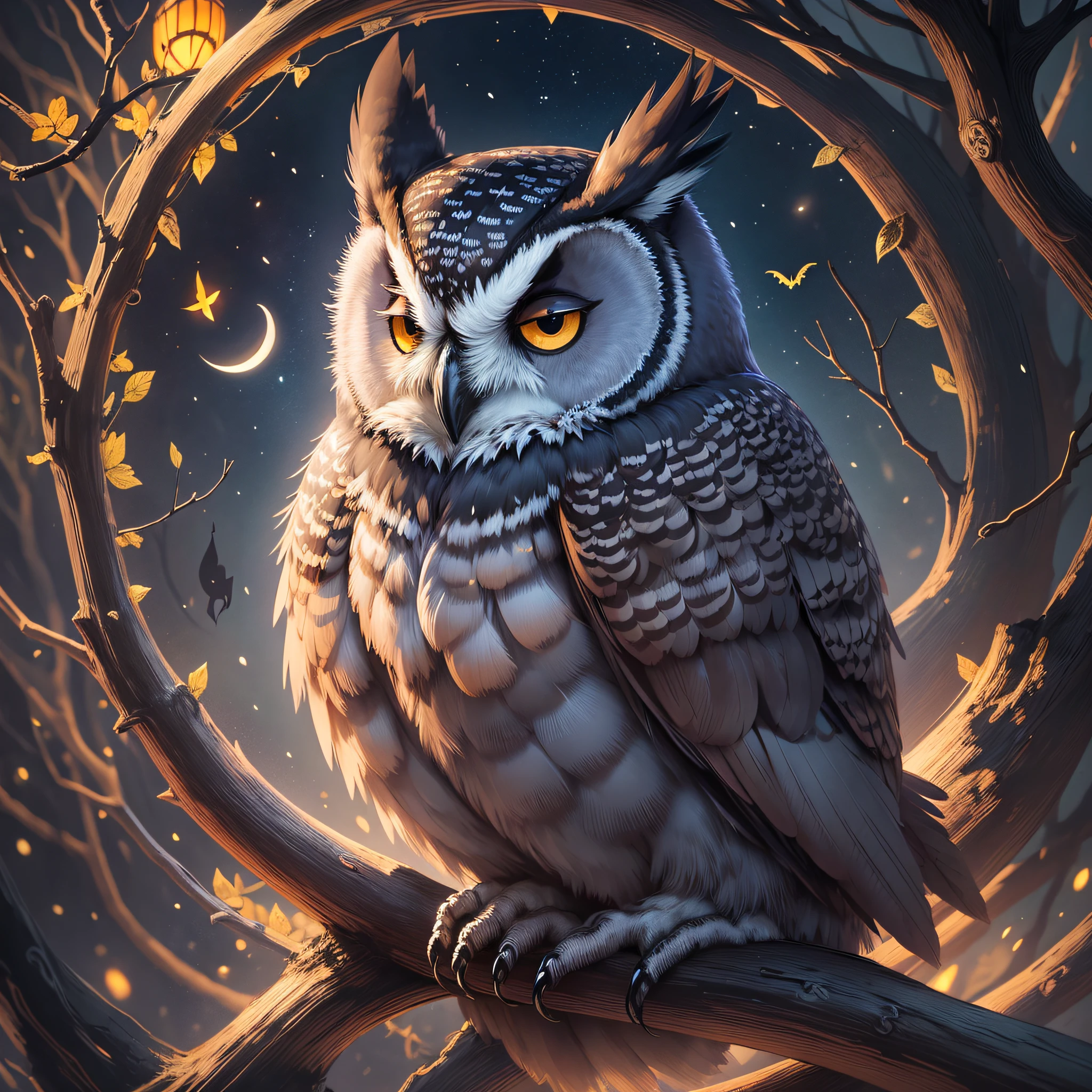 "Midnight Owl": A mystical and nocturnal scene showcasing a majestic owl perched on a gnarled branch under a crescent moon, with an air of mystery and enchantment, perfect for a Halloween-themed t-shirt, Ultra realism, color field printing, high detail, UHD, 8k, anatomically correct, cinematic lighting 4d quality --auto --s2
