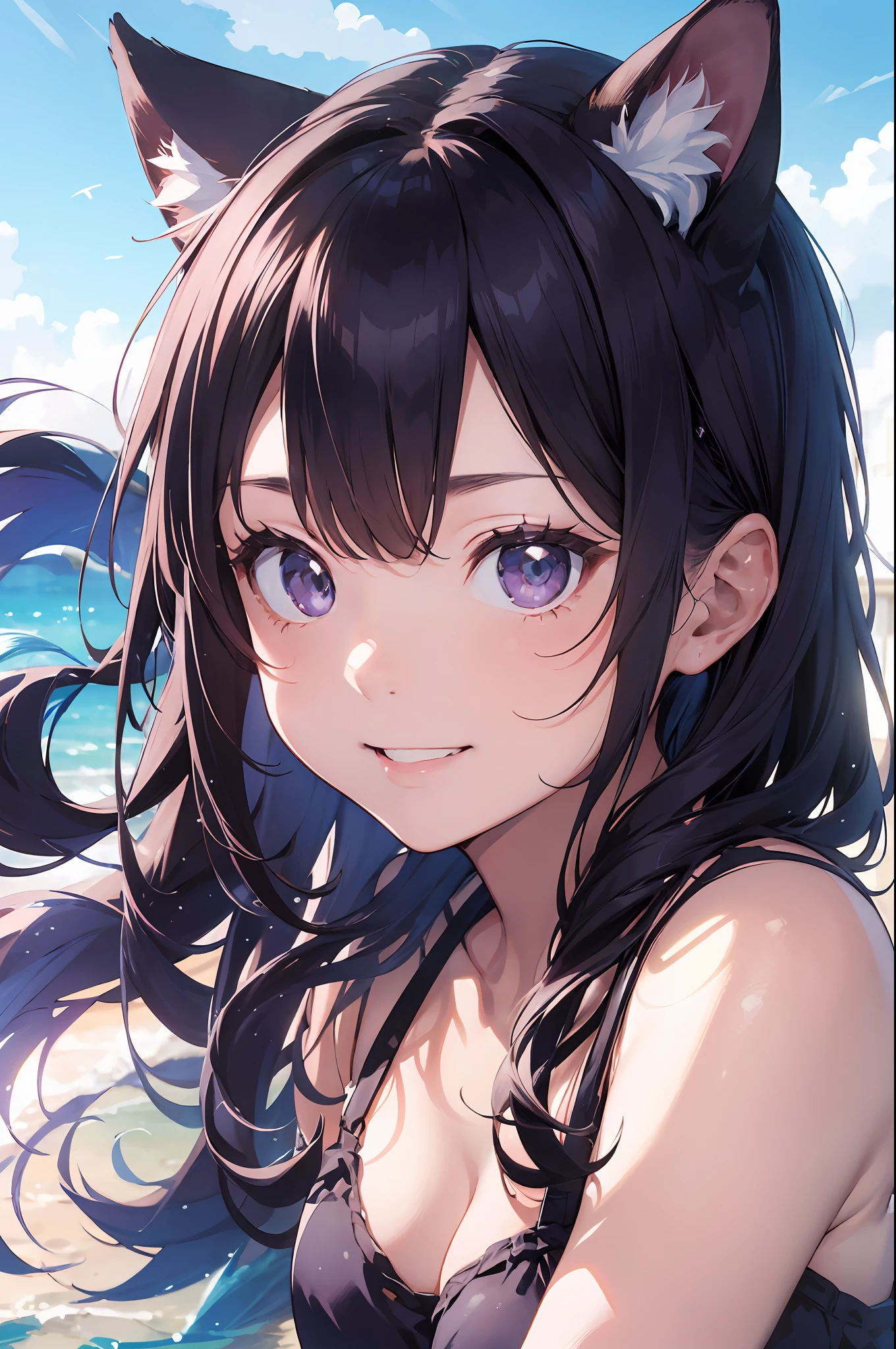 high-res、
One beautiful cat-eared young woman、cat ears, pompom in cat ears(Soft Saturation:1.3)、(Color white:1.2)、
(ultra detailed background、detailed backgorund)、Bokeh、
BREAK,Portrait of smiling girl。When viewed from the front、The composition is symmetrical。
Look straight at you with serious eyes、break
Purple swimsuit、purple bikini、middle breast、
outdoors、sea level、sky、Sunshine、Summer beaches、beach、
Strong light、Front light、
(ager:1.3)、(cowboy shot:1.2)、break
Angle from the front、
Look at the viewer、
dinamic poses、
Sitting on the beach
seaweed、seaweed、seaweed、seaweed、seaweed、seaweed、seaweed、