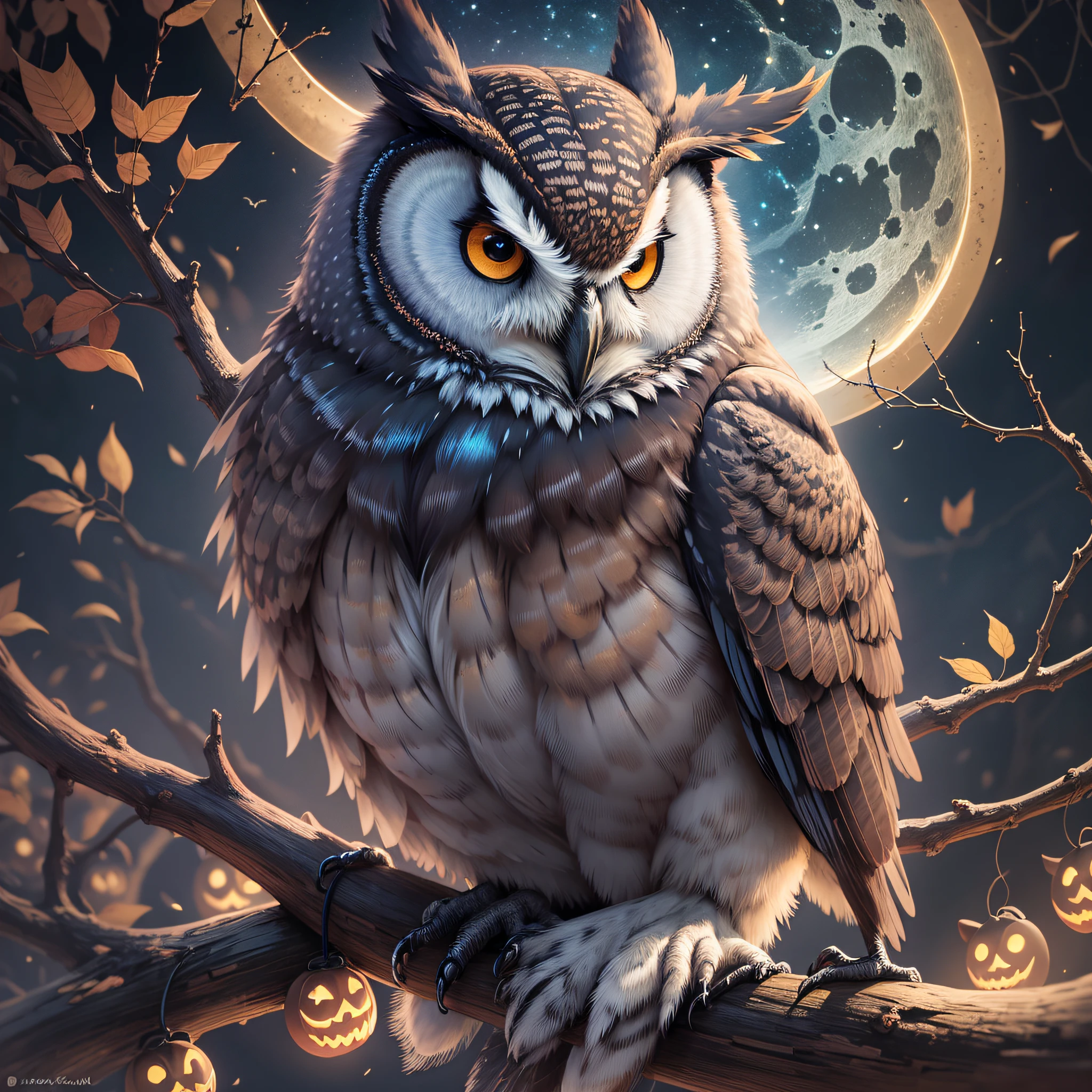 "Midnight Owl": A mystical and nocturnal scene showcasing a majestic owl perched on a gnarled branch under a crescent moon, with an air of mystery and enchantment, perfect for a Halloween-themed t-shirt, Ultra realism, color field printing, high detail, UHD, 8k, anatomically correct, cinematic lighting 4d quality --auto --s2