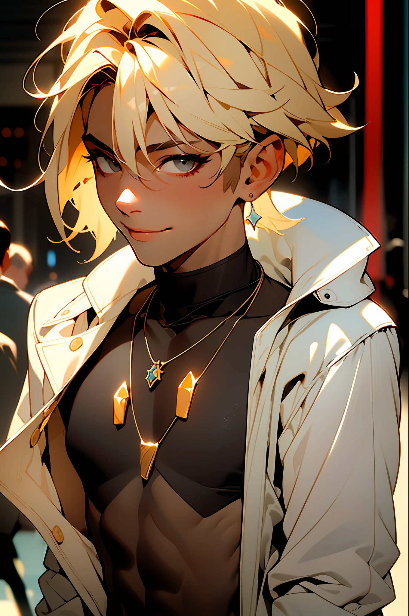 masterpiece,(masterpiece, top quality, best quality),(((flat color))),1boy, male focus, jewelry, solo, white hair, looking at viewer, necklace, upper body, earrings, hair between eyes, jacket, grey eyes, short hair, smile, blurry, open clothes, black jacket, bangs, closed mouth, shirt, blurry background, messy hair