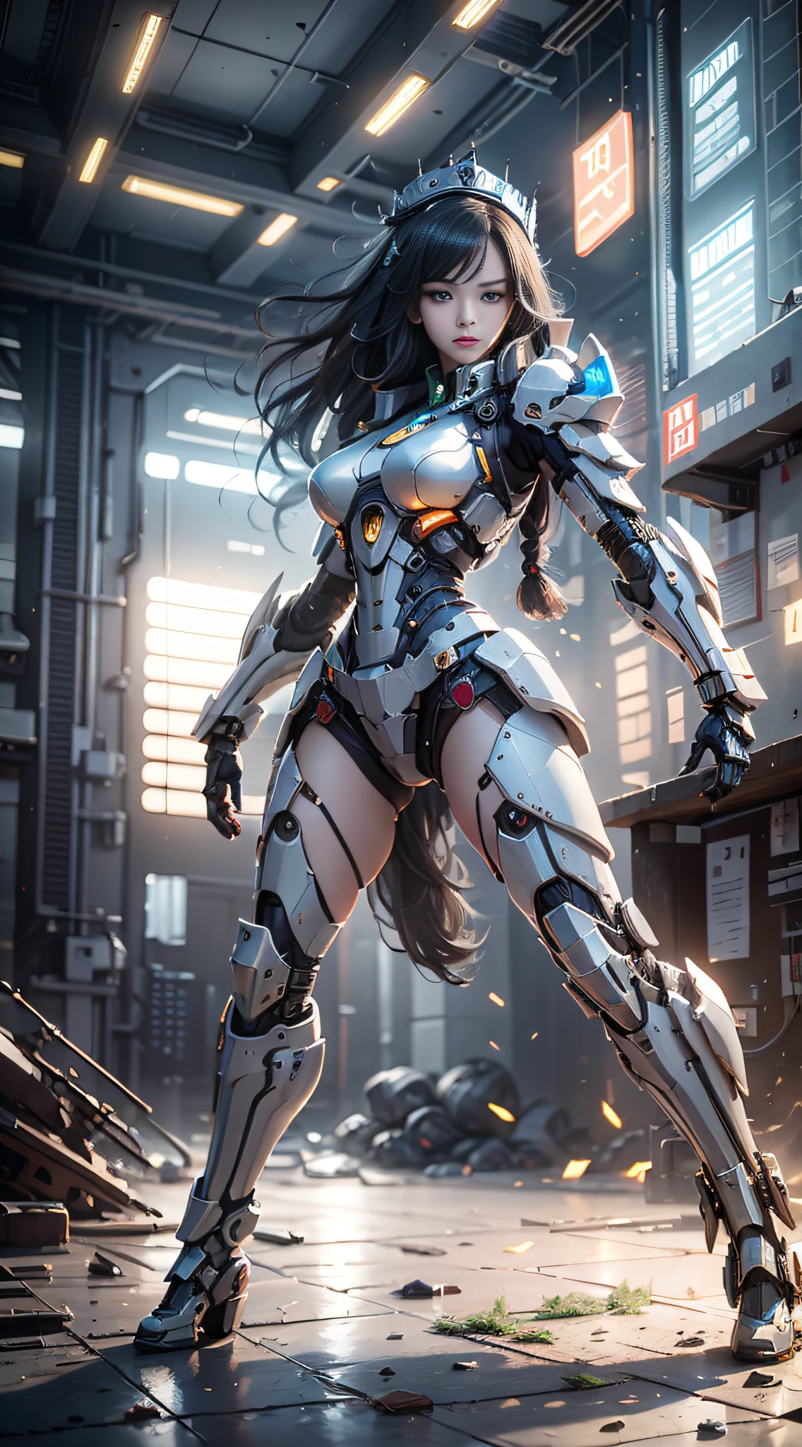 (Best Quality)), ((Masterpiece)), (Very Detailed: 1.3), 3D, Icaru valkirie-mecha, Beautiful cyberpunk woman wearing crown, with master chef style armor, sci-fi technology, HDR (High Dynamic Range), ray tracing, nvidia RTX, super resolution, unreal 5, subsurface scattering, PBR texture, post-processing, anisotropic filtering, depth of field, maximum sharpness and sharpness, multi-layer texture, Specular and albedo mapping, surface shading, accurate simulation of light-material interactions, perfect proportions, octane rendering, duotone lighting, low ISO, white balance, rule of thirds, wide aperture, 8K RAW, high efficiency subpixels, subpixel convolution, light particles, light scattering, Tyndall effect, very sexy, full body, battle pose, black hair with braids,