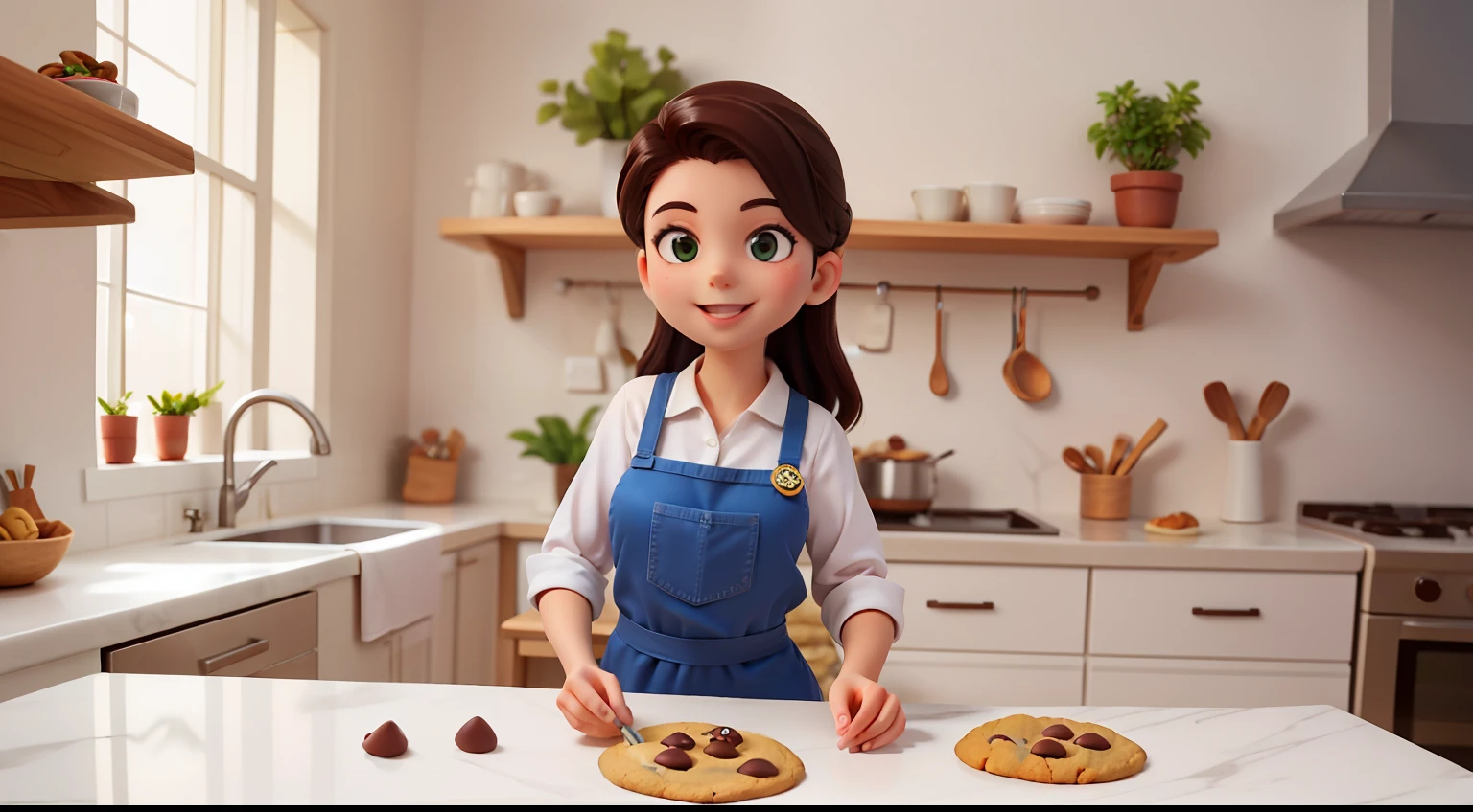 jovem 18 anos ,nome fernanda, origem brasil, sexo feminino, Branco,cabelo preto.vestindo uma roupa de chefe de cozinha sorrindo fazendo cookie fundo desfocado