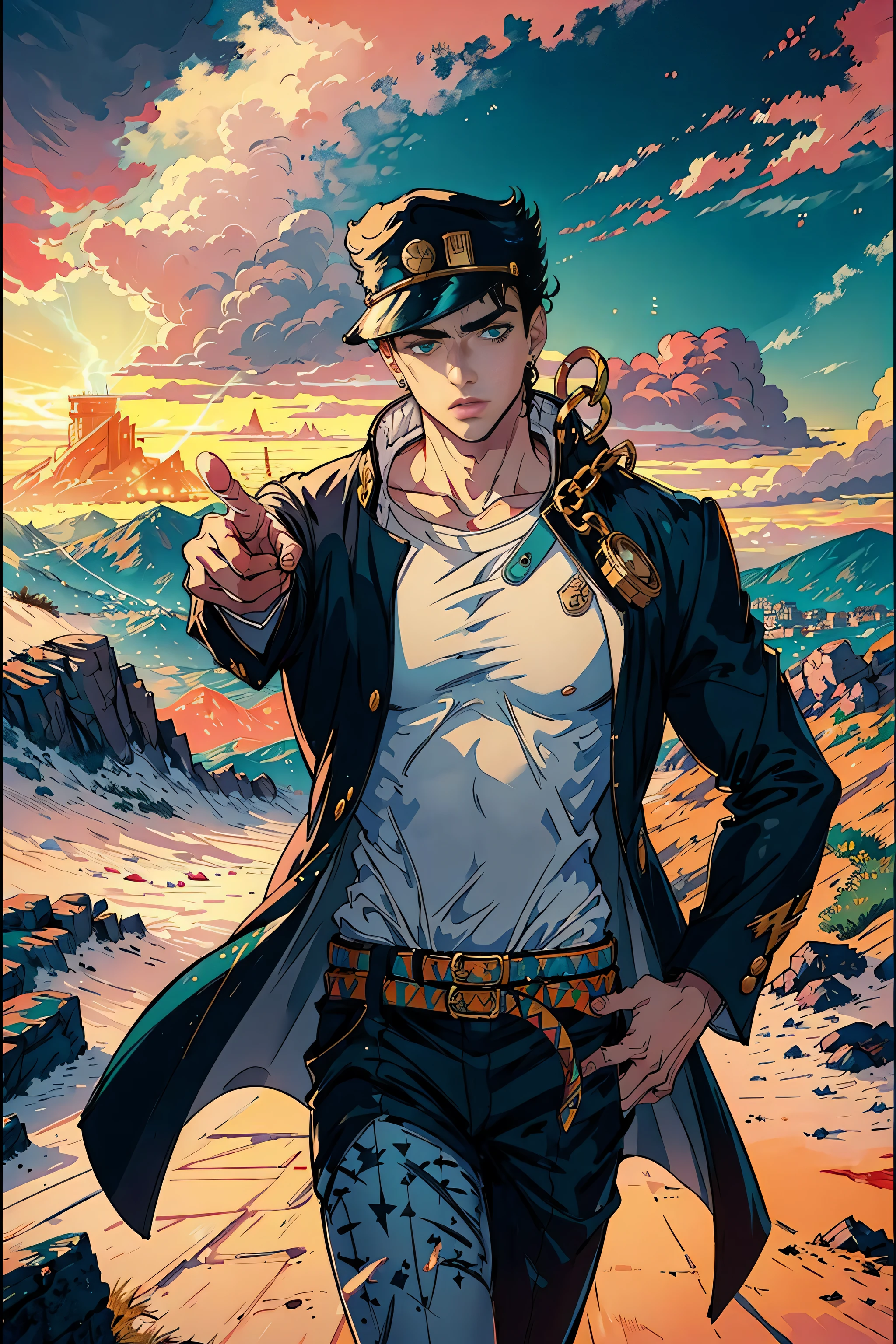 (masterpiece), best quality, 8k, perfect artwork, (lightning effect, time stop), Fantasy, 1man, KUJO JOTARO, muscular man, star, thick-lipped, HAT ,GREEN EYES, SCHOOL UNIFORM, GAKURAN, LONG COAT, JEWELRY, EARRINGS, CHAIN, Hash, jojo pose, pointing
hilltop monastery with panoramic views of the surrounding landscape,