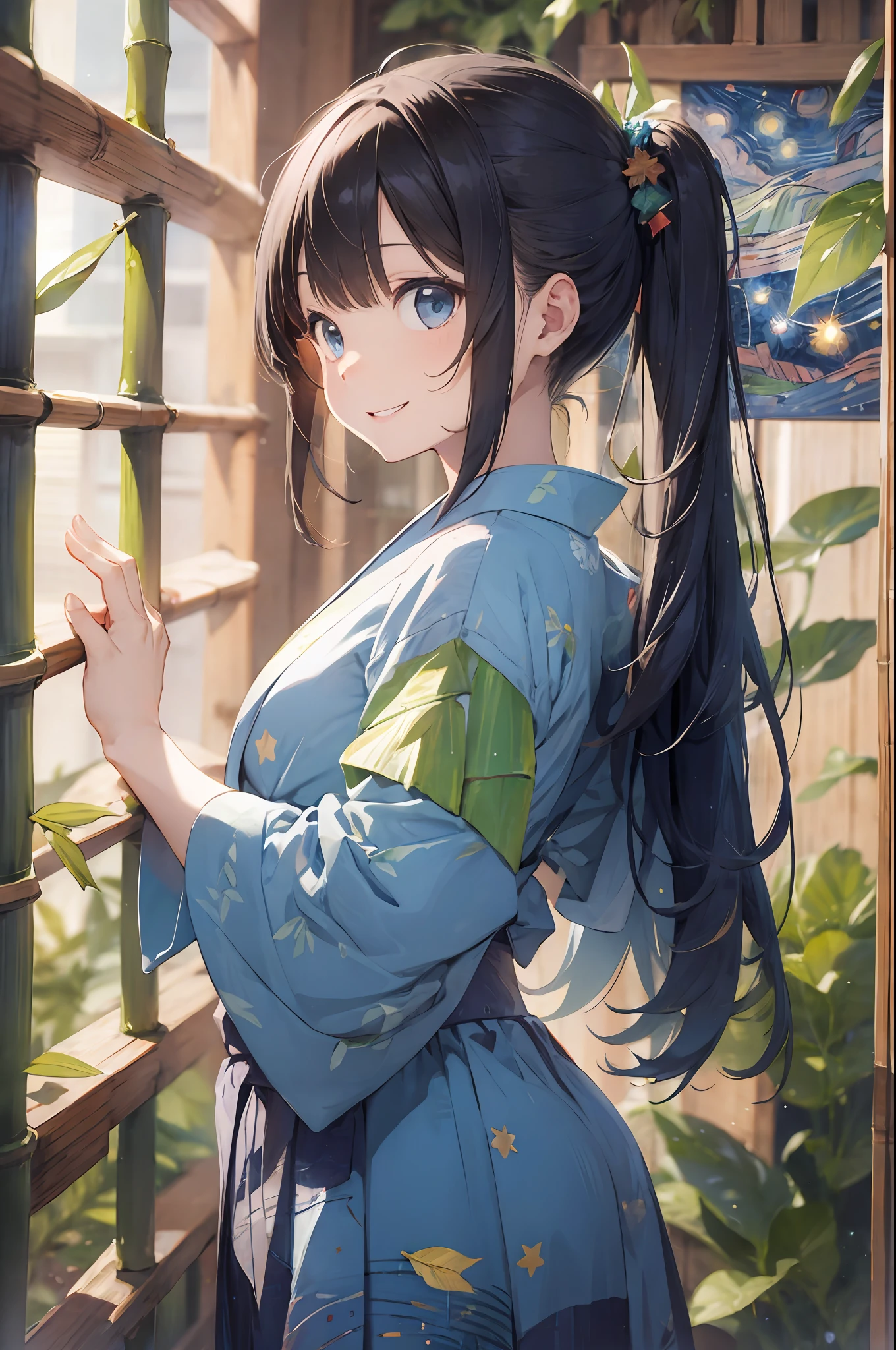 absurdres, highres, colorful ,vivid,
BREAK
one girl wearing blue kimono, (tanabata:1.2), colorful (, scattered mixed in (bamboo:1.15) (leaves:1.3) with (Square decorations:1.2) , (smile, happy), (starry) (night:1.2), from side,
BREAK
blue eyes, (pale-blue) (long straight hair), long skirt
BREAK