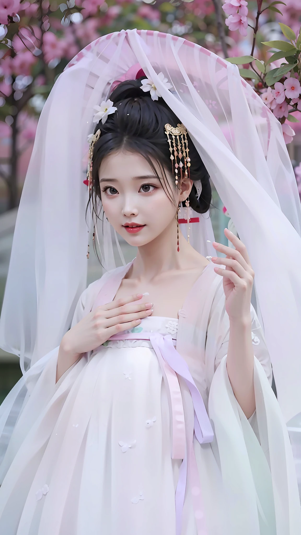 a close up of a woman in a white dress and veil, White Hanfu, royal palace ， A girl in Hanfu, Hanfu, wearing ancient Chinese clothing, traditional beauty, Chinese princess, ancient chinese princess, Chinese costume, Chinese style, Ethereal beauty, a beautiful fantasy empress, Traditional Chinese clothing, Beautiful rendering of the Tang Dynasty, Chinese dress, Beautiful maiden