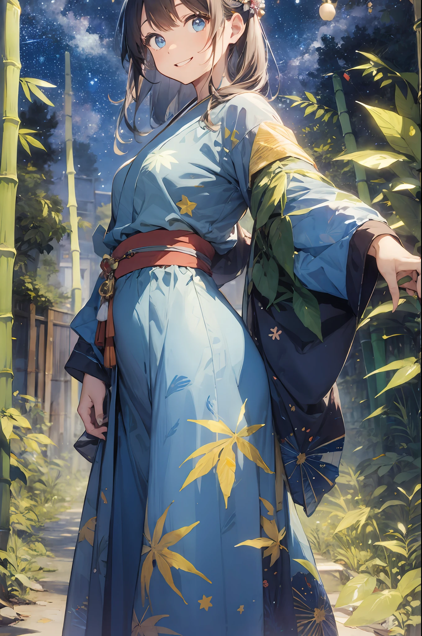 absurdres, highres, colorful ,vivid,
BREAK
one girl wearing blue kimono, (tanabata:1.2), colorful (, scattered mixed in (bamboo:1.15) (leaves:1.3) with (Square decorations:1.2) , (smile, happy), (starry) (night:1.2), from side,
BREAK
blue eyes, (pale-blue) (long straight hair), long skirt
BREAK